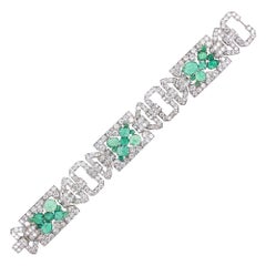 Antique Art Deco Diamond Carved Emerald Wide Platinum Bracelet