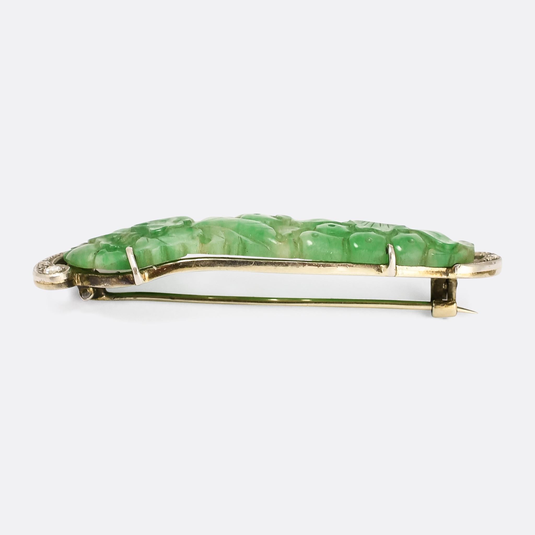 Women's or Men's Art Deco Diamond Carved Jade 