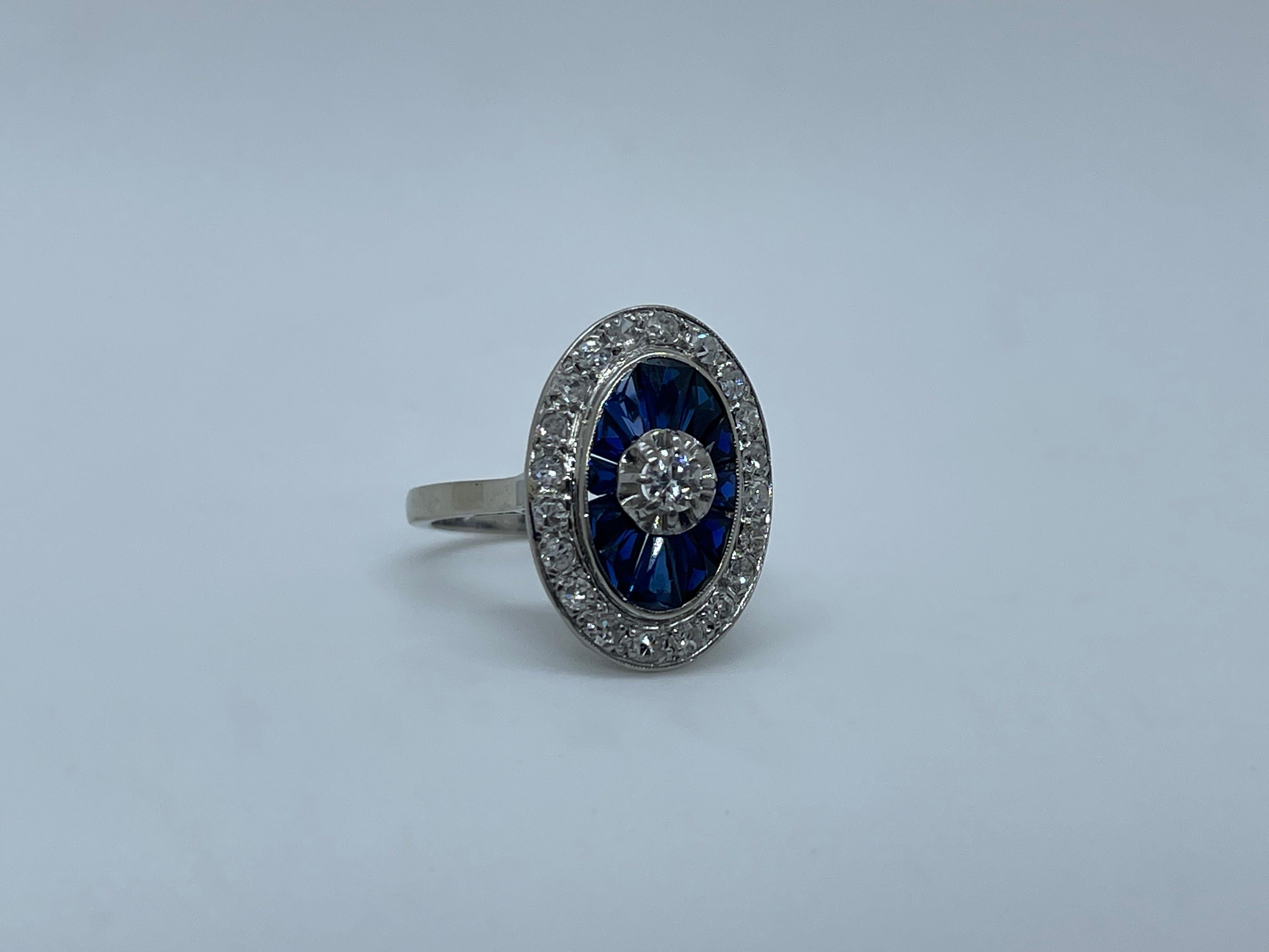 Brilliant Cut Art Deco Diamond Ceylon Sapphires Ring White Gold 18 Karat
