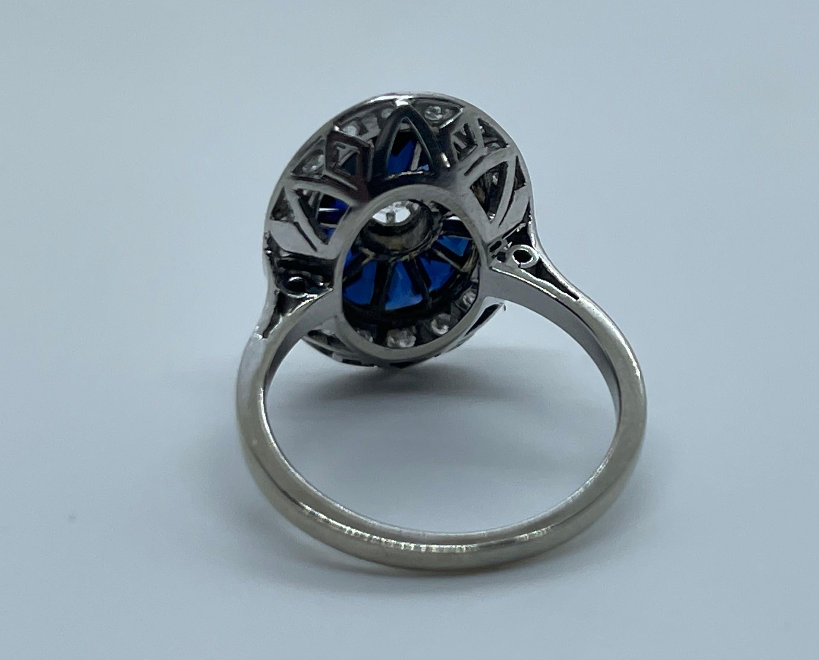 Women's Art Deco Diamond Ceylon Sapphires Ring White Gold 18 Karat