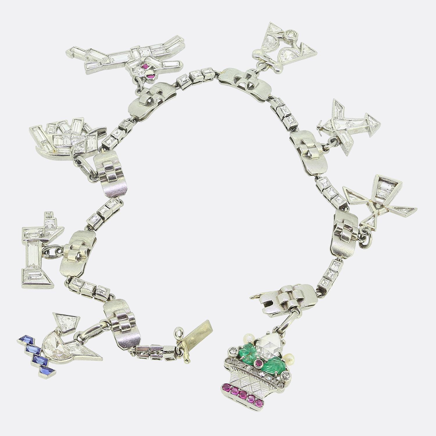Art Deco Diamond Charm Bracelet In Good Condition For Sale In London, GB