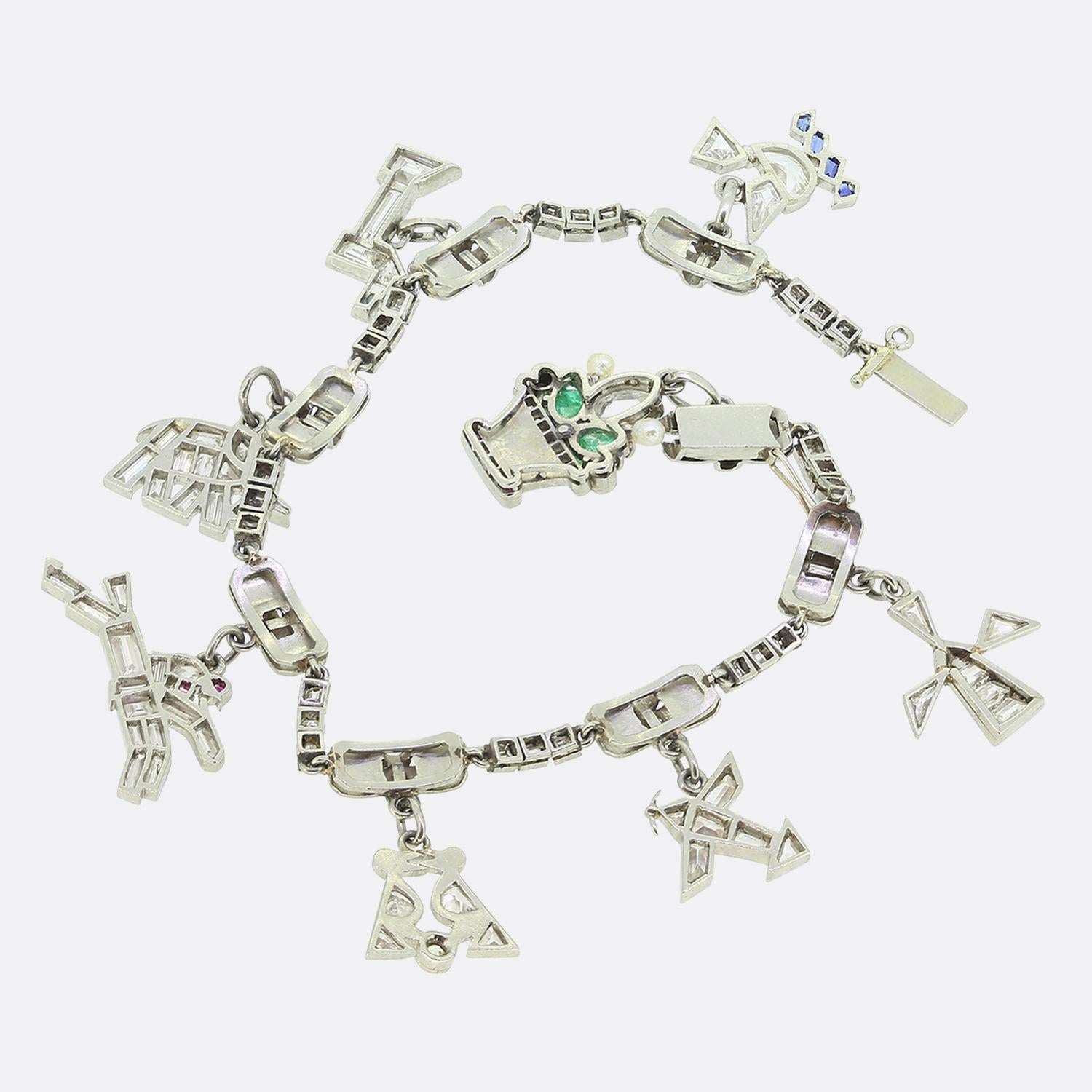 Women's or Men's Art Deco Diamond Charm Bracelet