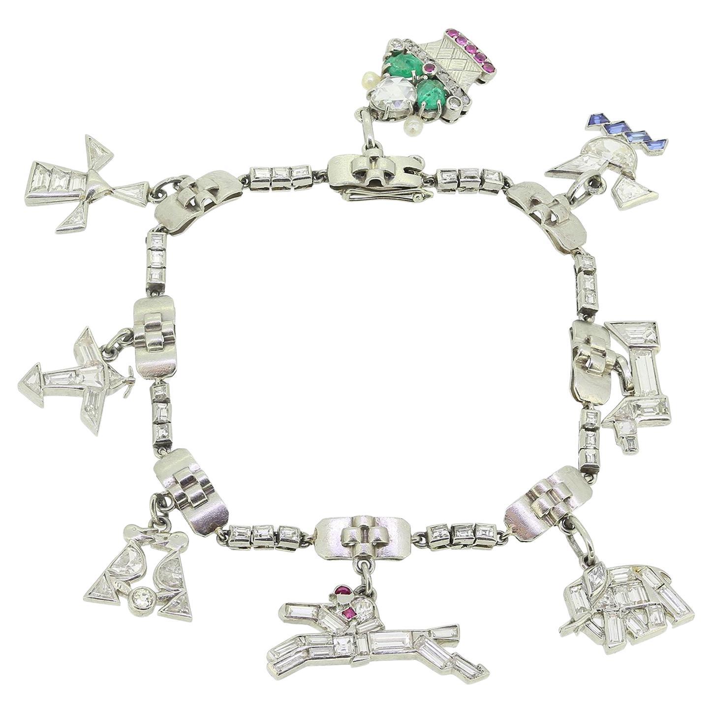 Art Deco Diamond Charm Bracelet For Sale