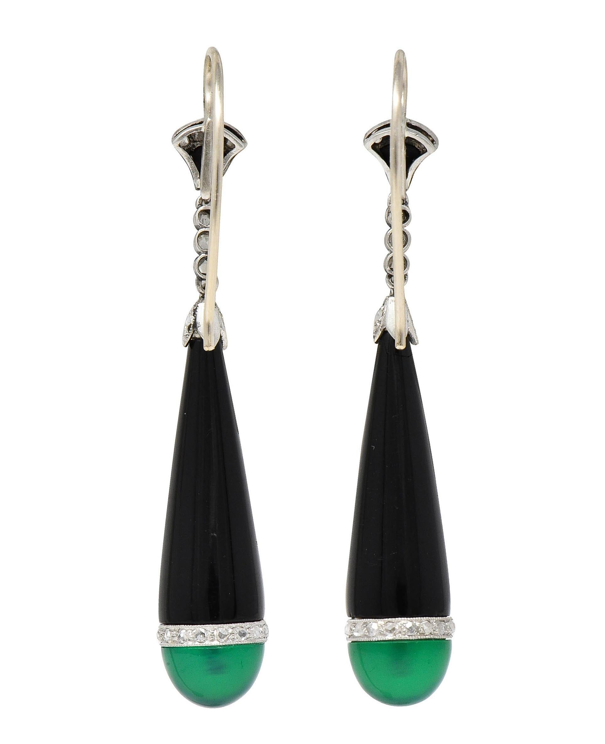 Cabochon Art Deco Diamond Chrysoprase Onyx Platinum Lotus Antique Drop Earrings For Sale