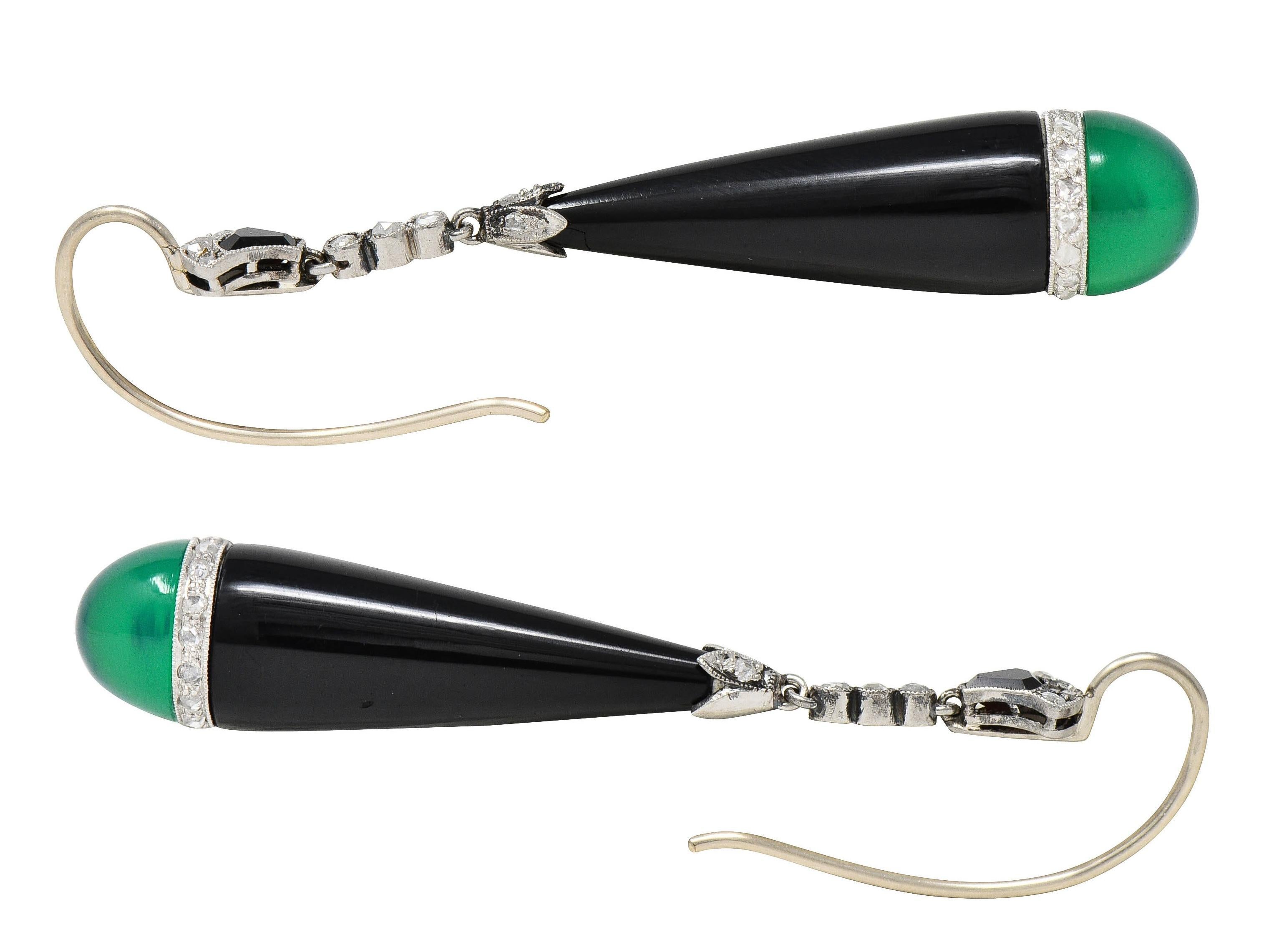 Art Deco Diamond Chrysoprase Onyx Platinum Lotus Antique Drop Earrings In Excellent Condition For Sale In Philadelphia, PA