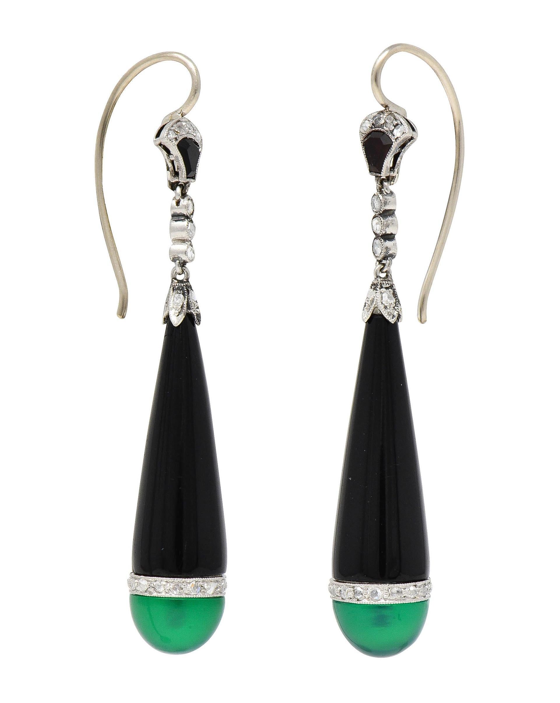 Women's or Men's Art Deco Diamond Chrysoprase Onyx Platinum Lotus Antique Drop Earrings For Sale