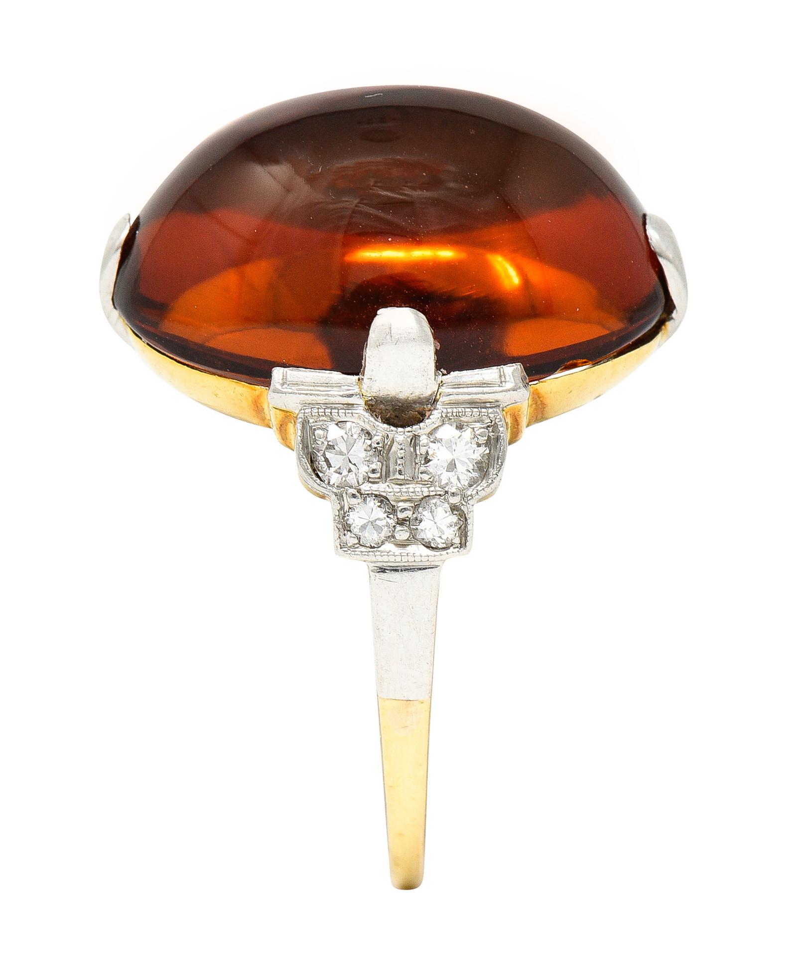 Art Deco Diamant Citrin Platin 14 Karat Gelbgold Edelstein Ring im Angebot 3