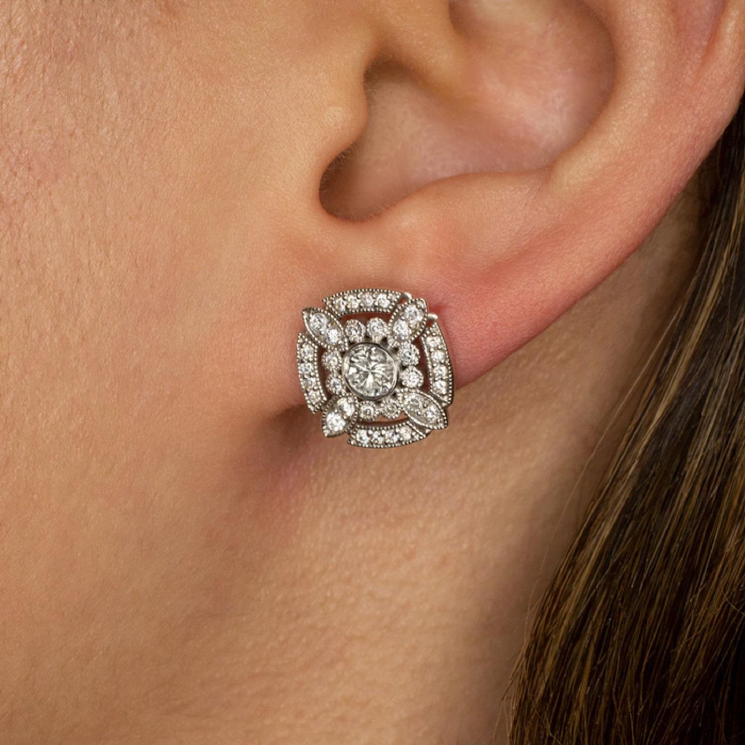 Round Cut Art Deco Style Diamond Cluster Earrings