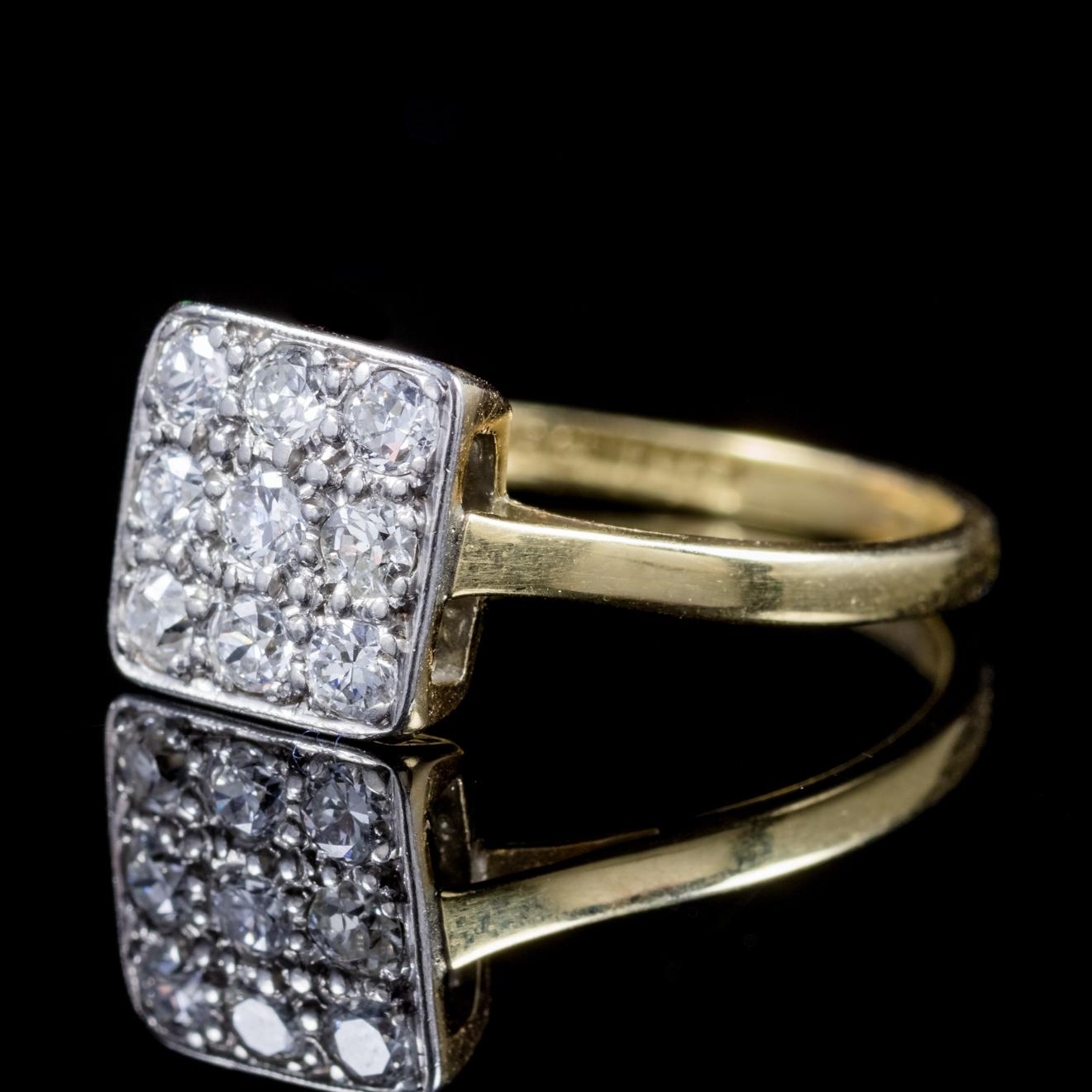 A stunning Art Deco cluster ring Circa 1920, set with a cluster of nine old cut Diamonds in a fabulous square gallery.

The Diamonds are beautiful, bright SI 1 clarity – H colour Diamonds – around 0.45ct in total. 

Old Cut Diamonds are known to