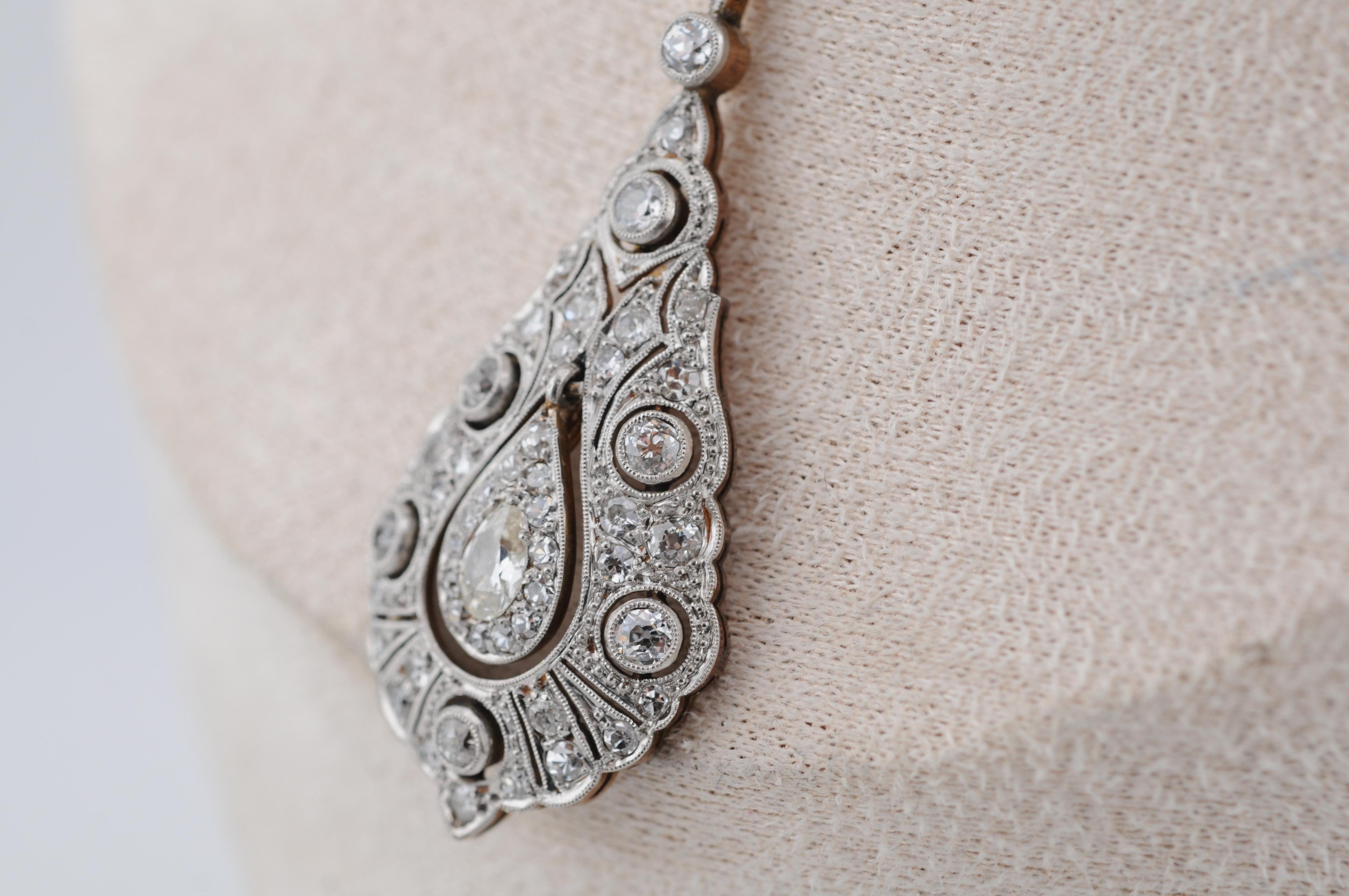 Collier à diamants Art déco  3 ct Total, or 14K en vente 3