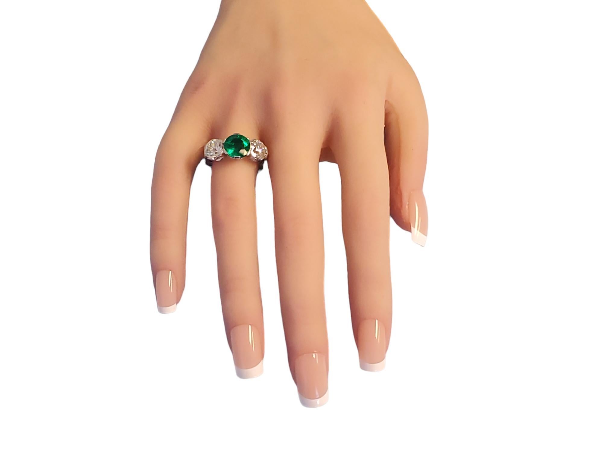 Women's Art Deco Diamond Colombian Emerald Platinum Ring 6.08tcw old Euro VS Diamonds For Sale