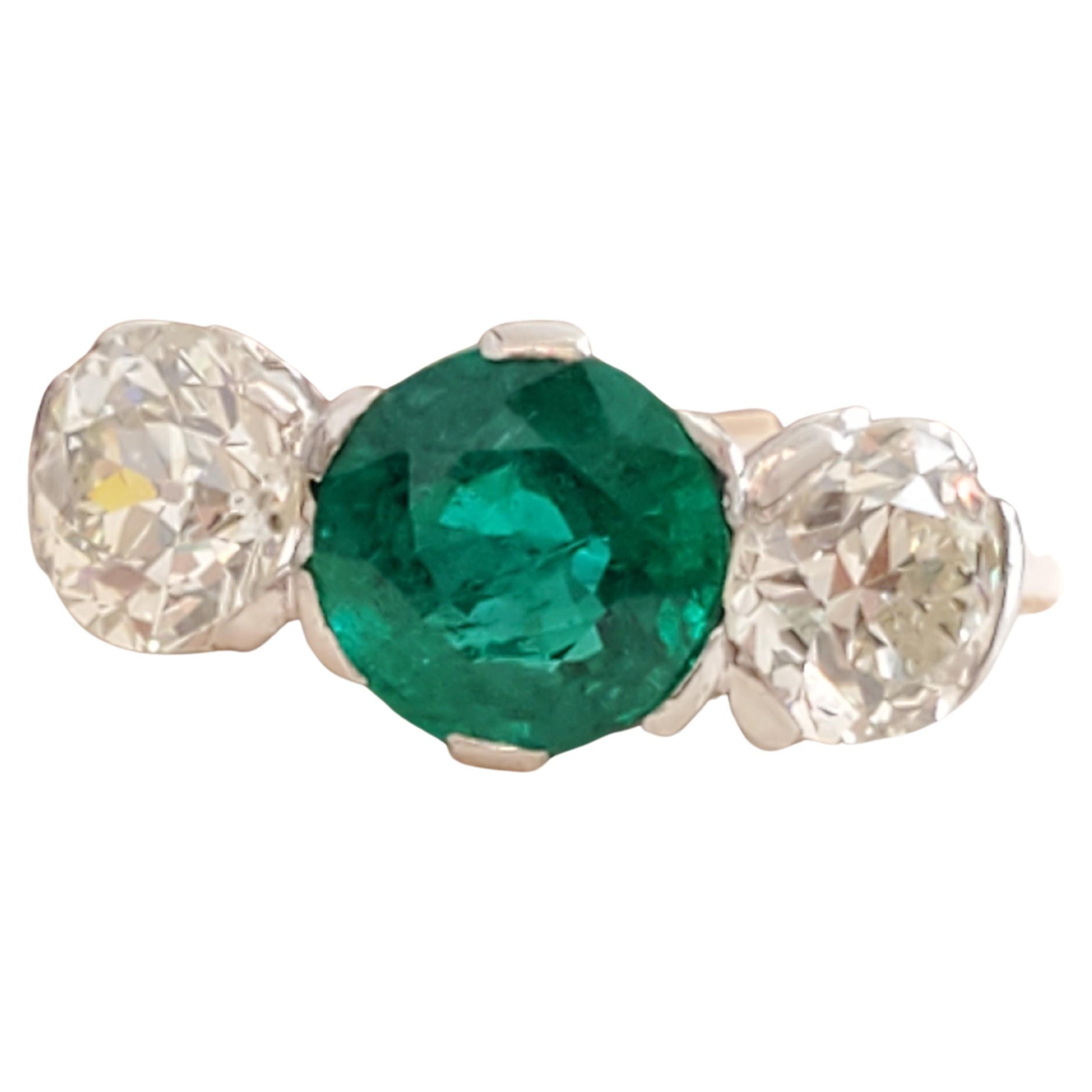 Art Deco Diamond Colombian Emerald Platinum Ring 6.08tcw old Euro VS Diamonds For Sale