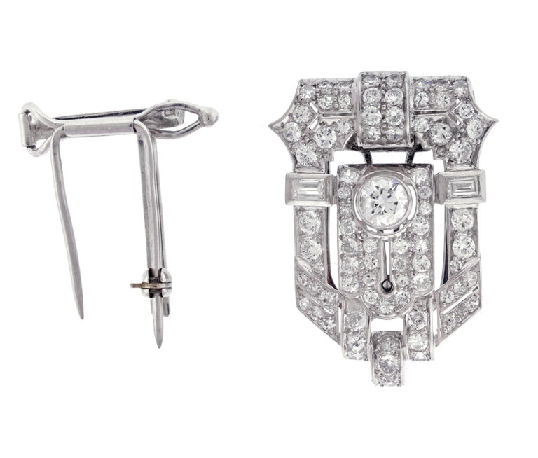 Round Cut Art Deco Diamond Combination Clips Brooch For Sale