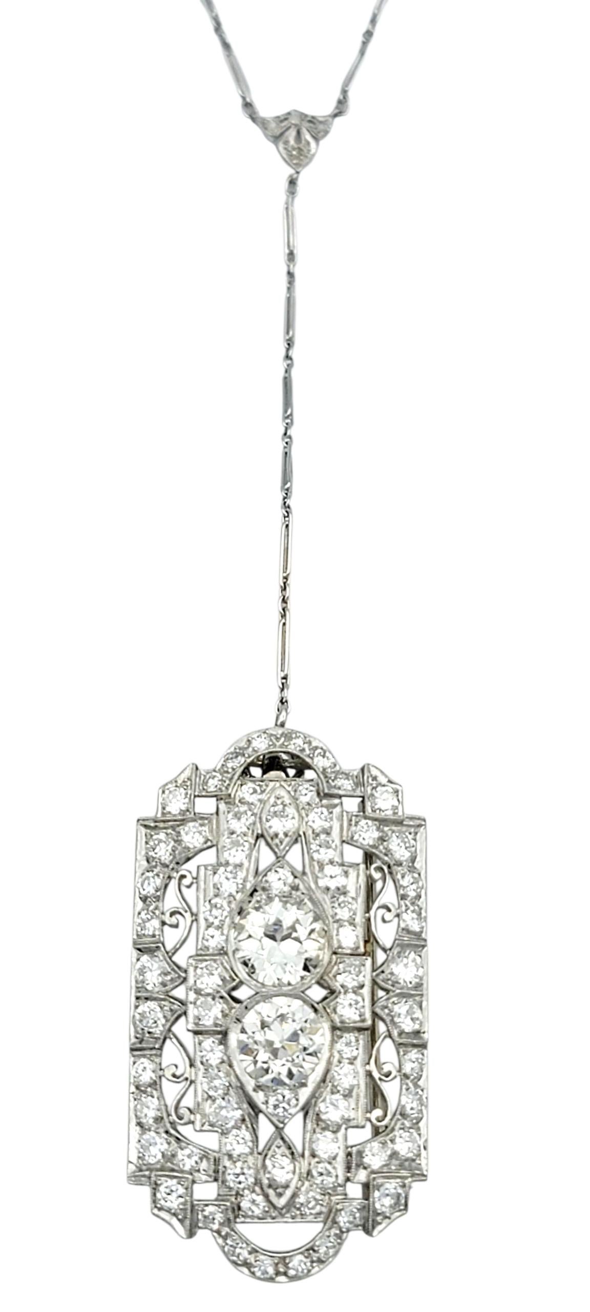 Taglio rotondo Collana con ciondolo convertibile in diamante Art Deco / Spilla in oro bianco 14 carati in vendita