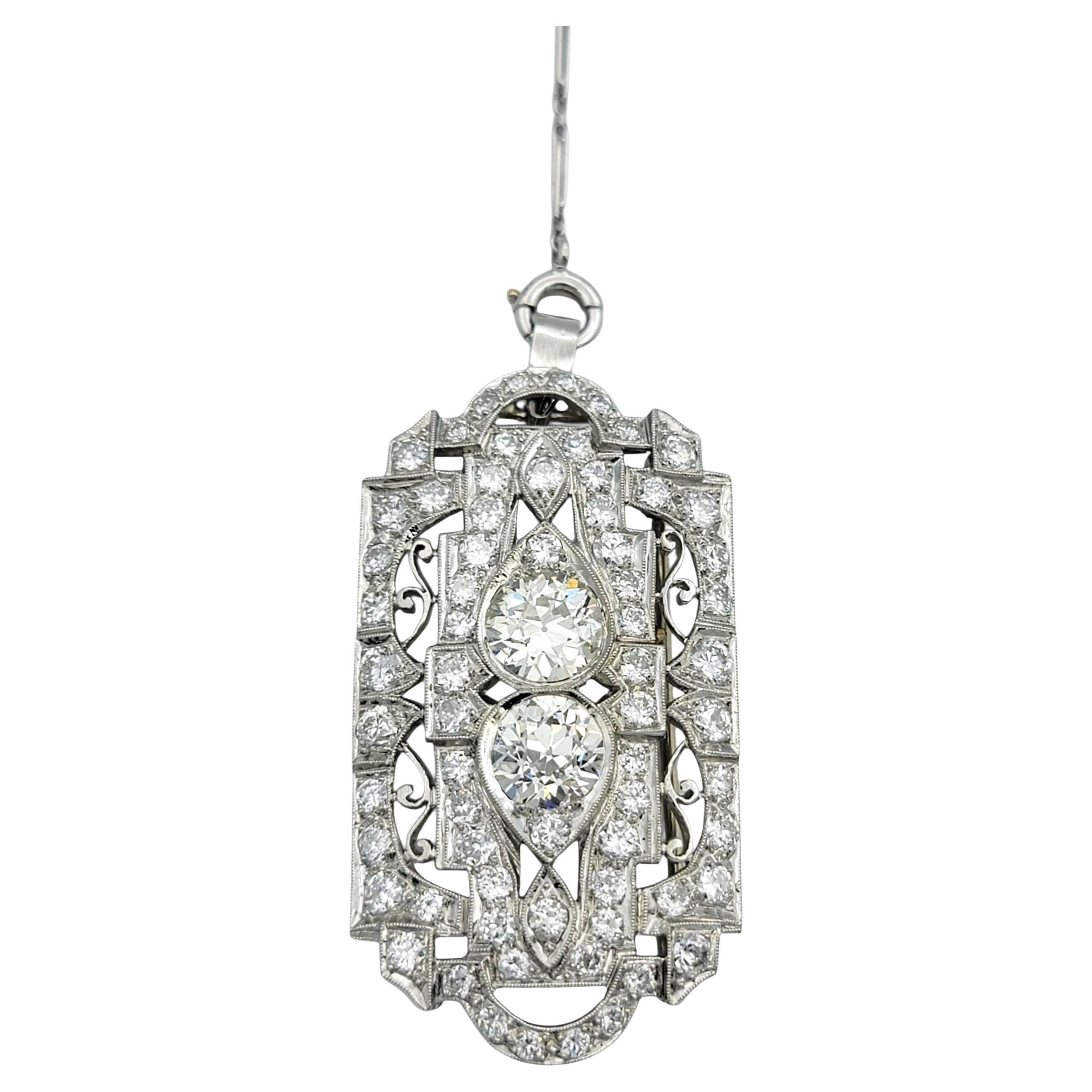 Collana con ciondolo convertibile in diamante Art Deco / Spilla in oro bianco 14 carati