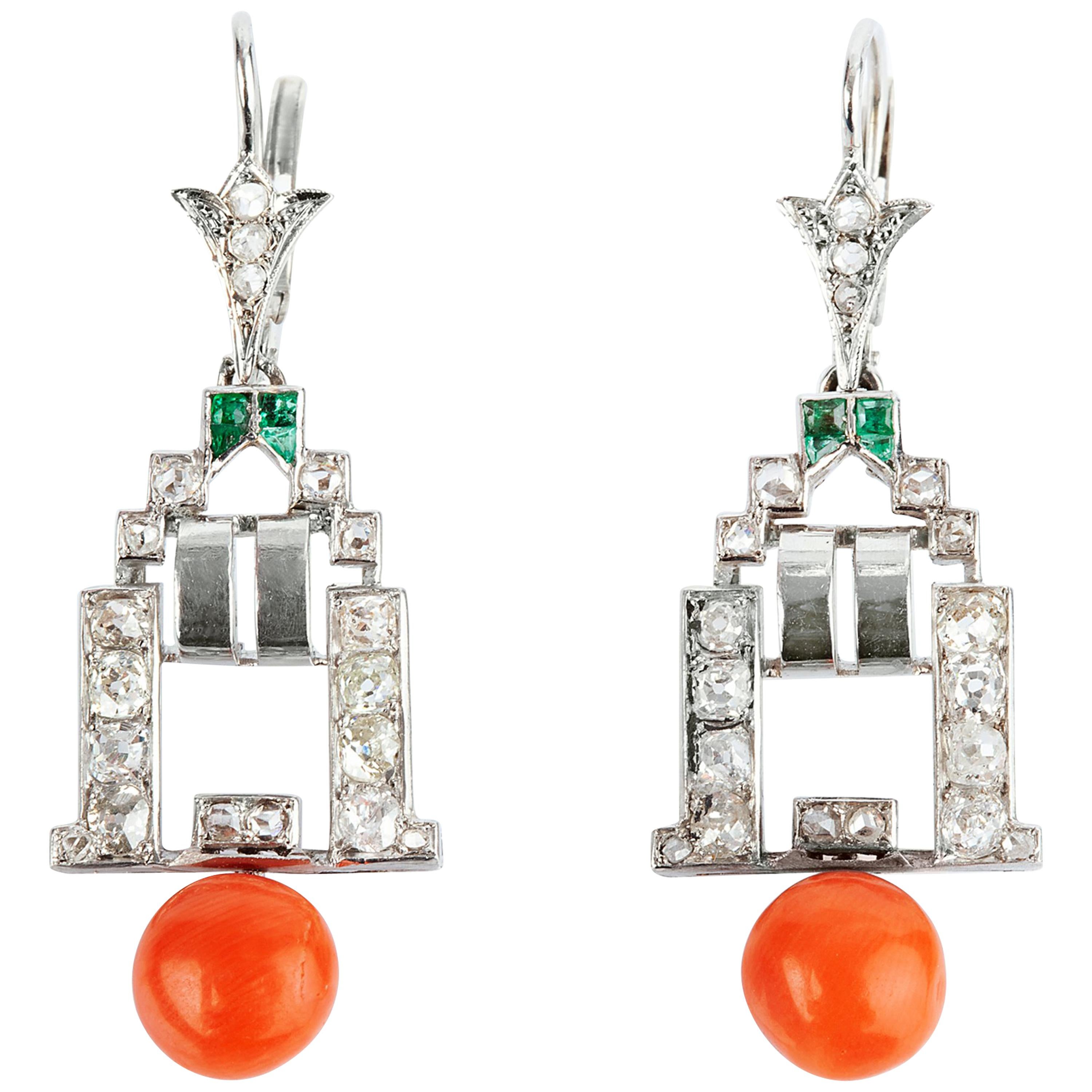 Art Deco Diamond Coral and Emerald Earrings For Sale