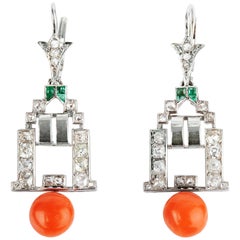 Art Deco Diamond Coral and Emerald Earrings