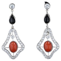 Art Deco Diamond, Coral, and Onyx Earrings