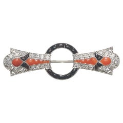 Art Deco Diamond, Coral, Black Onyx And Platinum Brooch, Circa 1935, 1.02 Carats