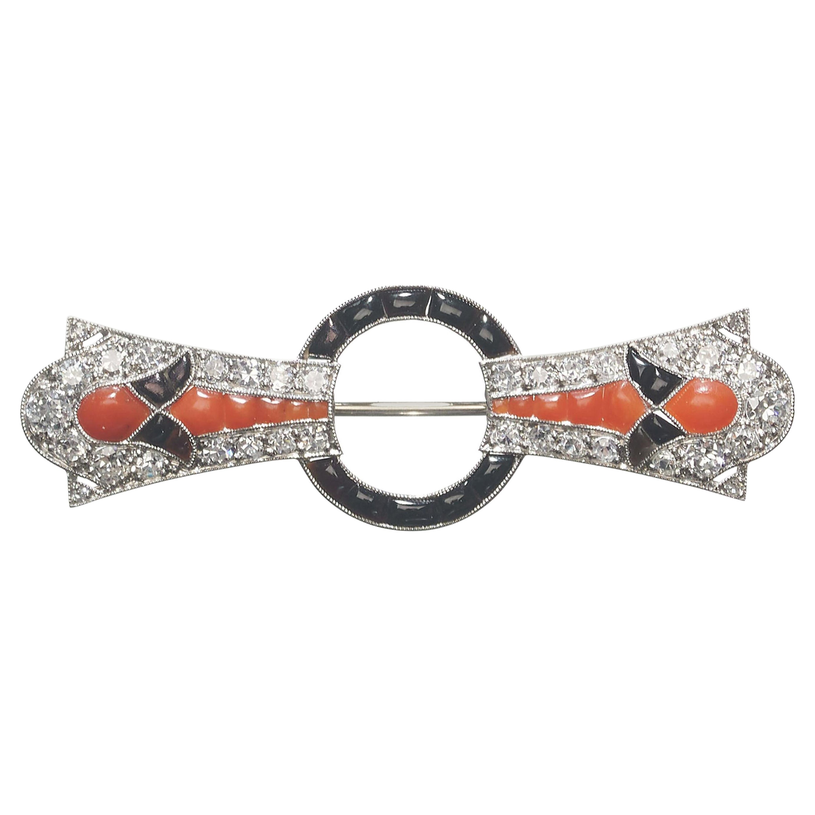 Art Deco Diamond, Coral, Black Onyx And Platinum Brooch, Circa 1935, 1.02 Carats