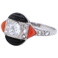 Art Deco Diamond Coral Onyx Platinum Ring