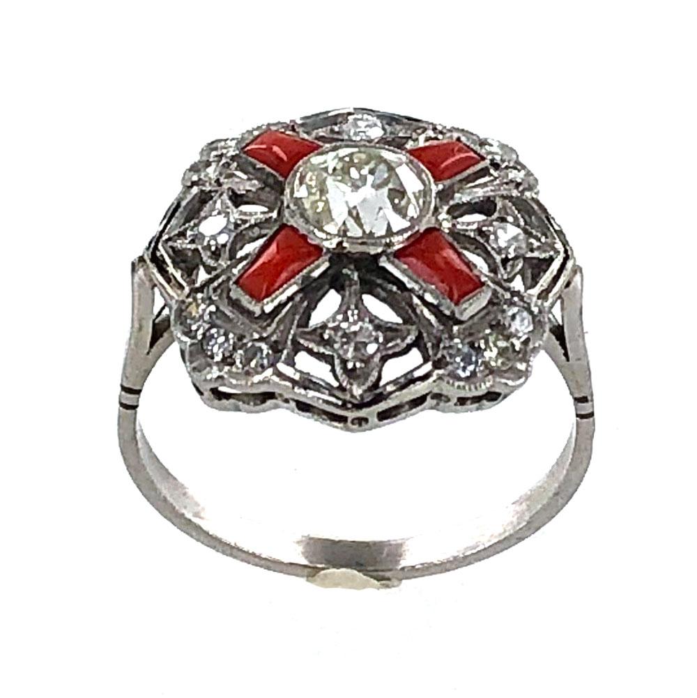 Art Deco Diamond Coral Platinum Cocktail Ring 1