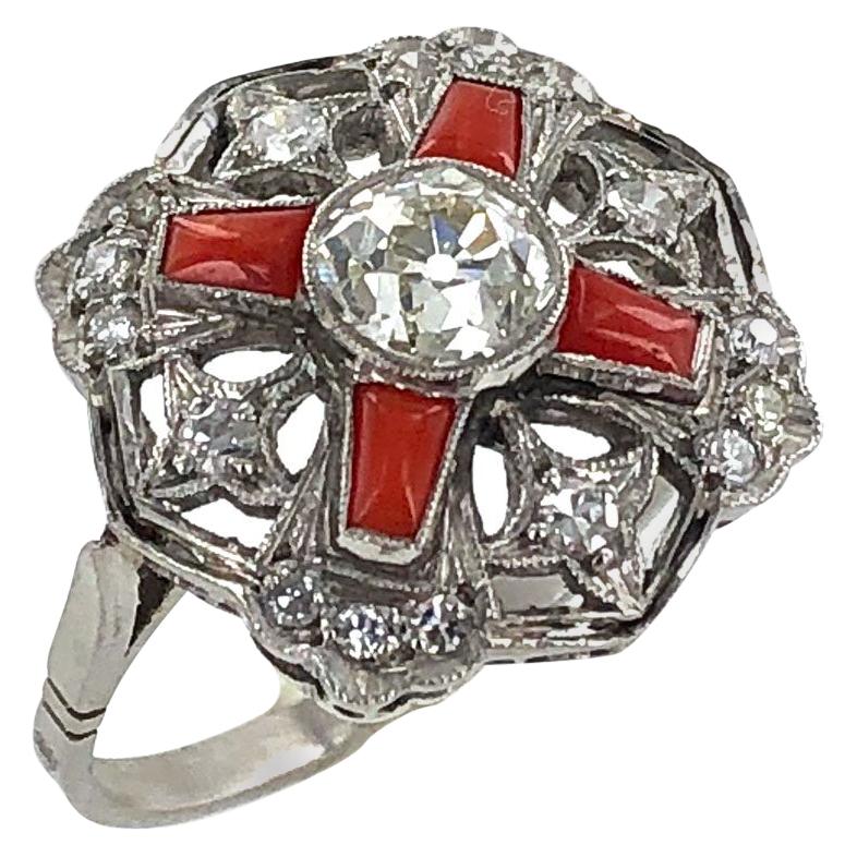 Art Deco Diamond Coral Platinum Cocktail Ring