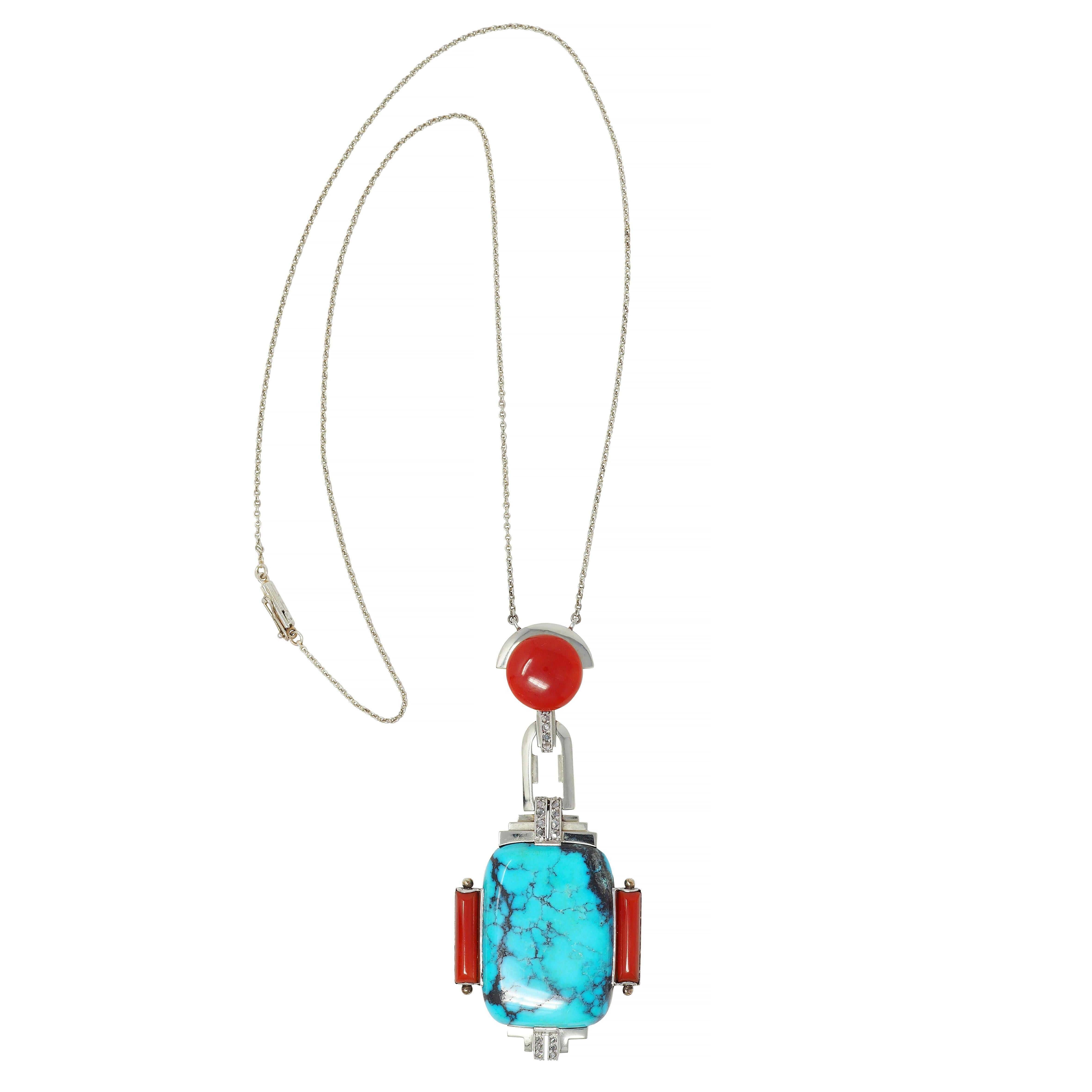 Halskette mit Vintage-Anhänger, Art déco, Diamant, Koralle, Türkis, 18 Karat Weißgold (Cabochon) im Angebot