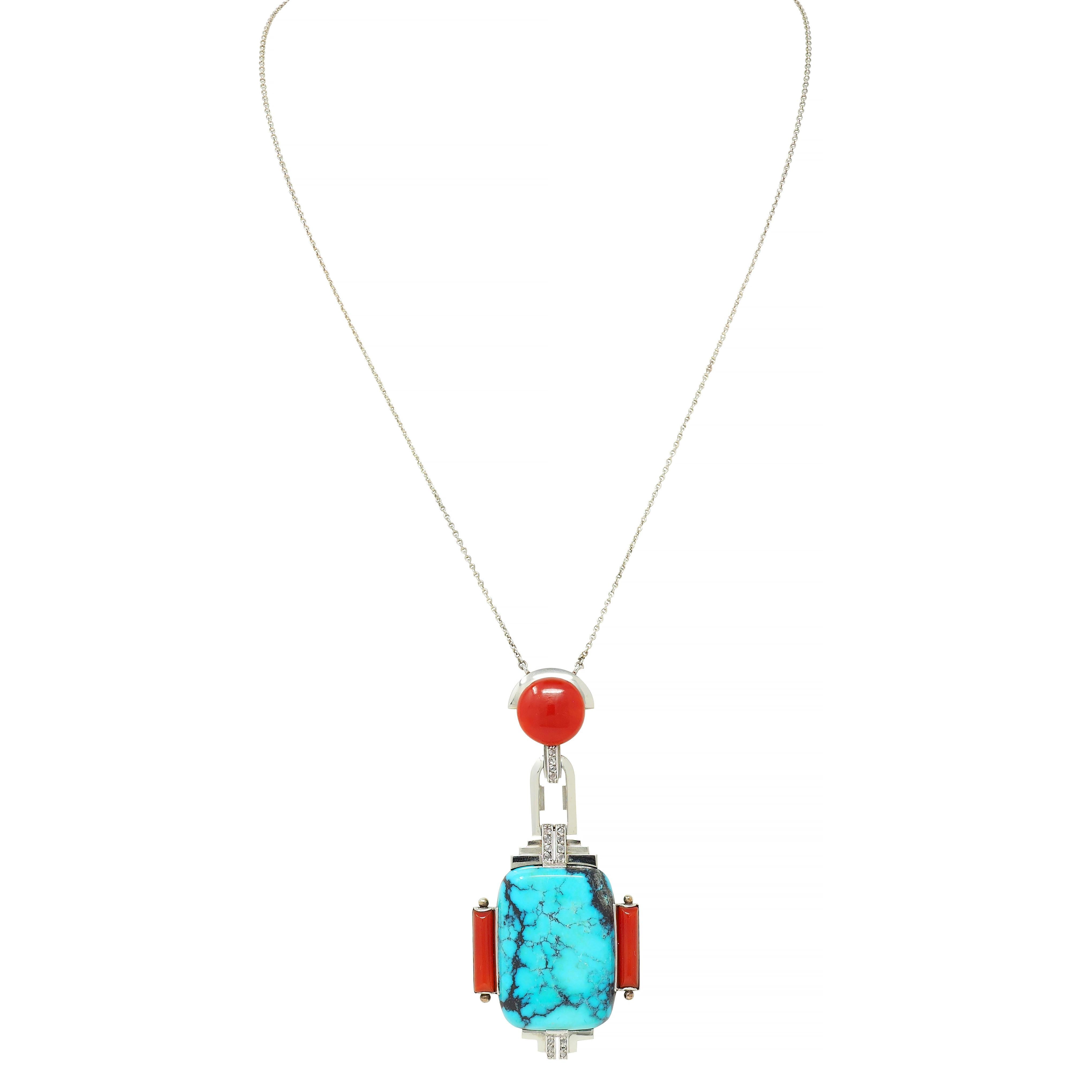 Halskette mit Vintage-Anhänger, Art déco, Diamant, Koralle, Türkis, 18 Karat Weißgold im Zustand „Hervorragend“ im Angebot in Philadelphia, PA