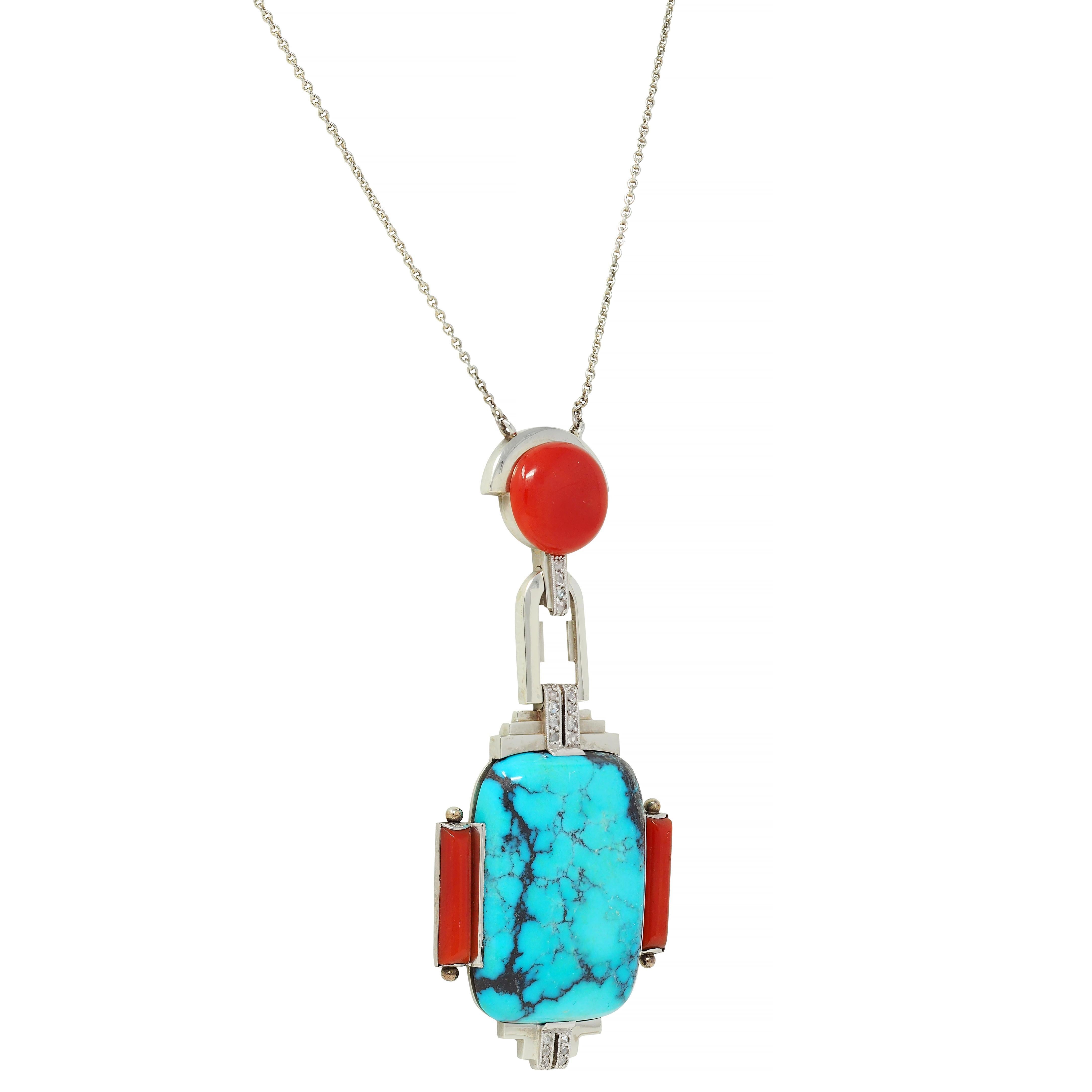 Halskette mit Vintage-Anhänger, Art déco, Diamant, Koralle, Türkis, 18 Karat Weißgold für Damen oder Herren im Angebot