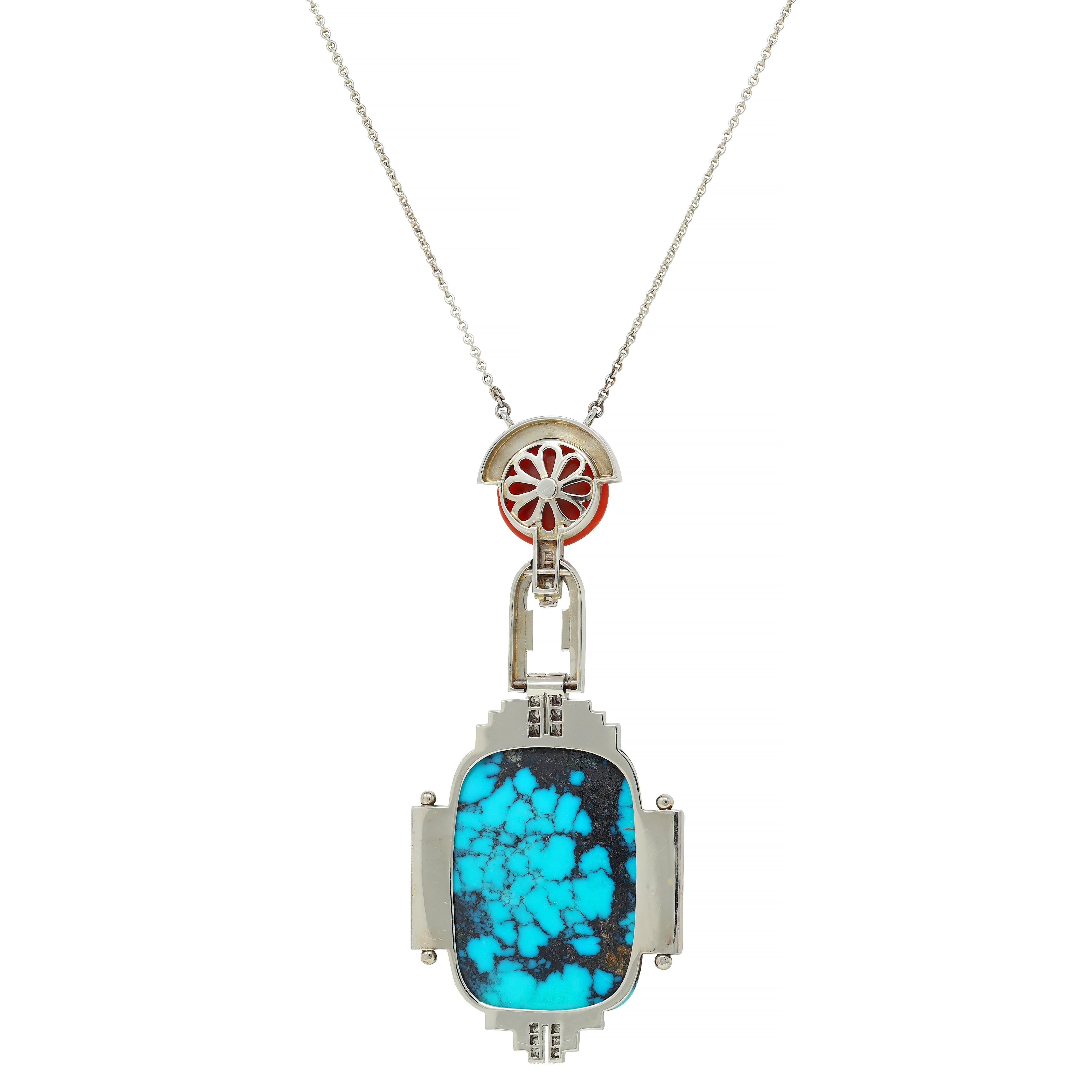 Halskette mit Vintage-Anhänger, Art déco, Diamant, Koralle, Türkis, 18 Karat Weißgold im Angebot 1