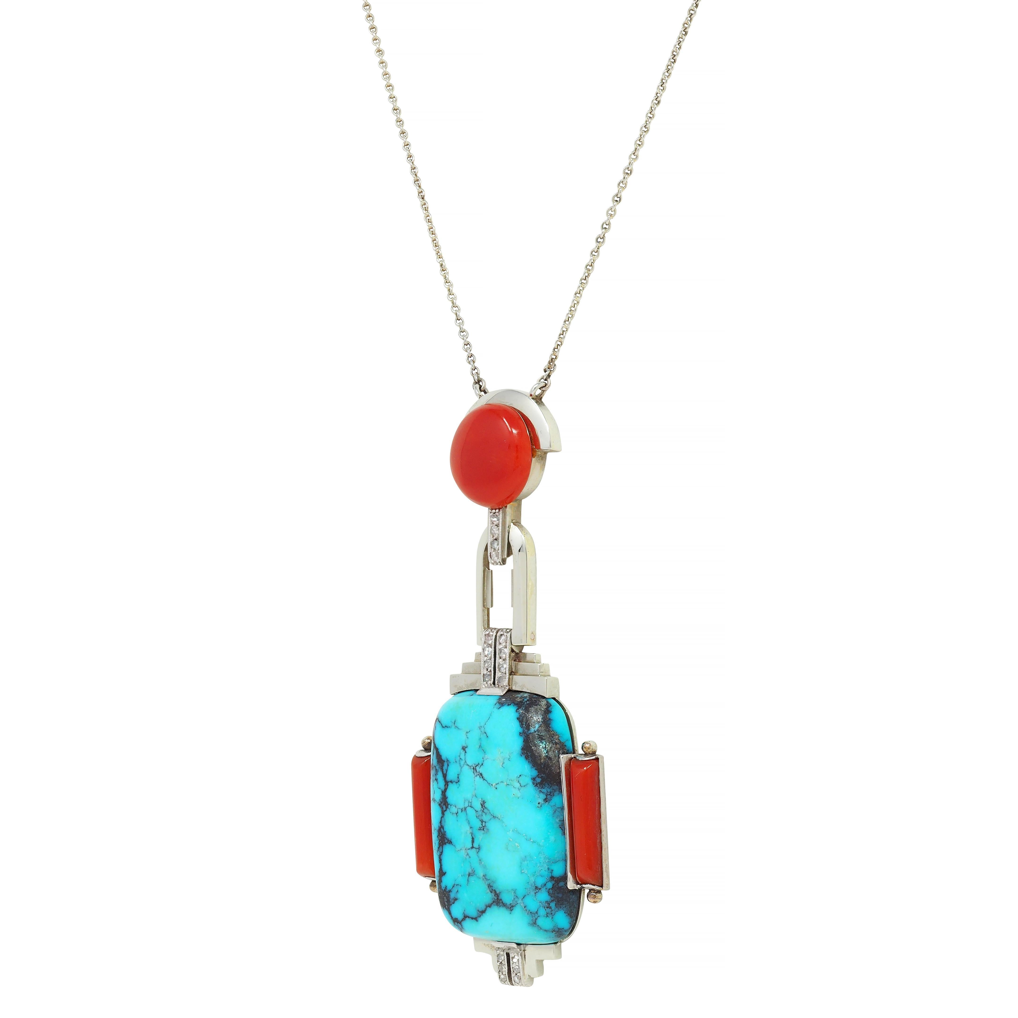 Halskette mit Vintage-Anhänger, Art déco, Diamant, Koralle, Türkis, 18 Karat Weißgold im Angebot 2
