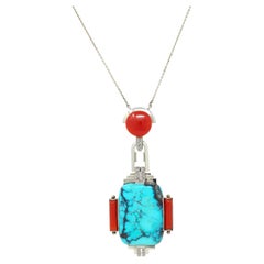 Art Deco Diamond Coral Turquoise 18 Karat White Gold Vintage Pendant Necklace