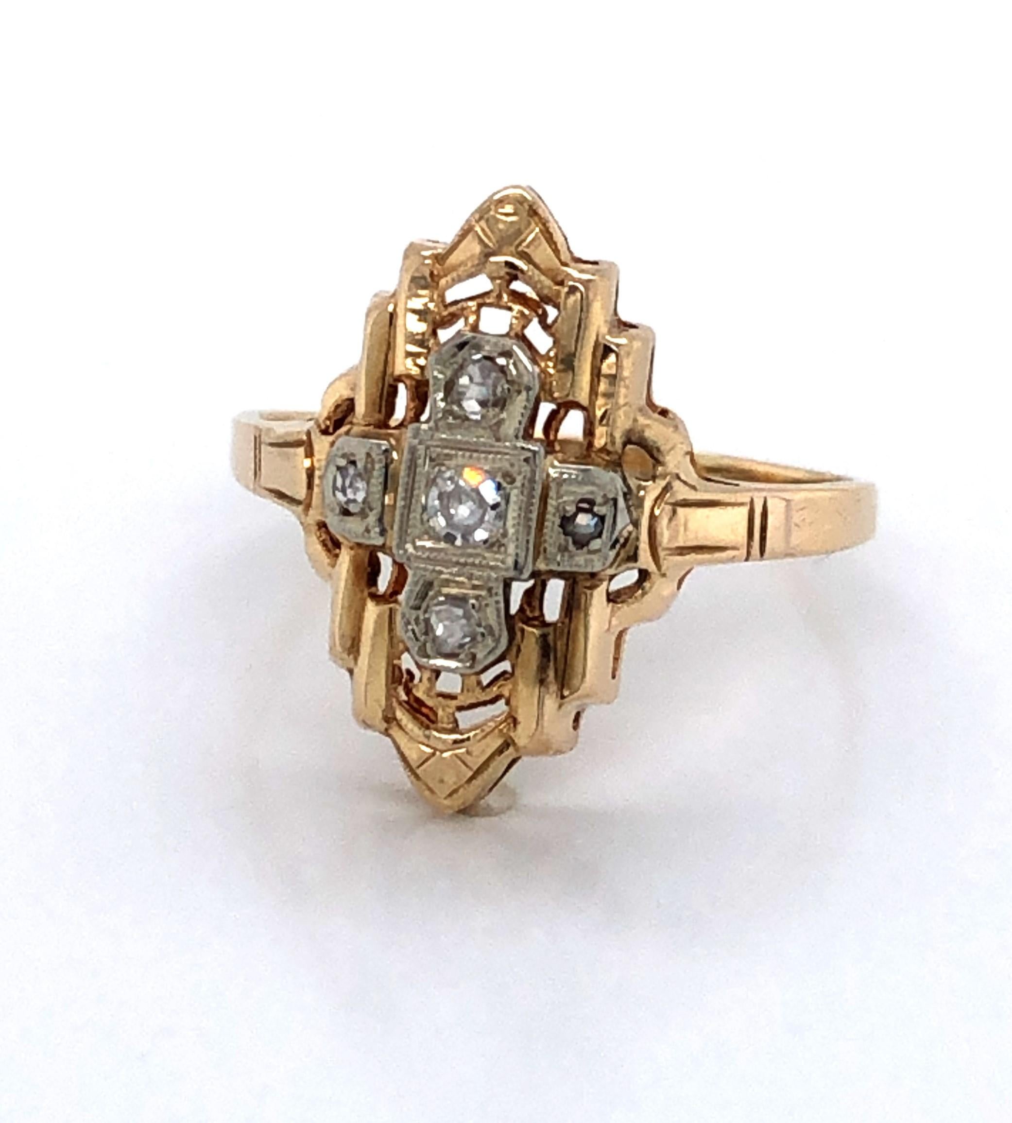 Old Mine Cut Art Deco Diamond Cross Yellow Gold Ring