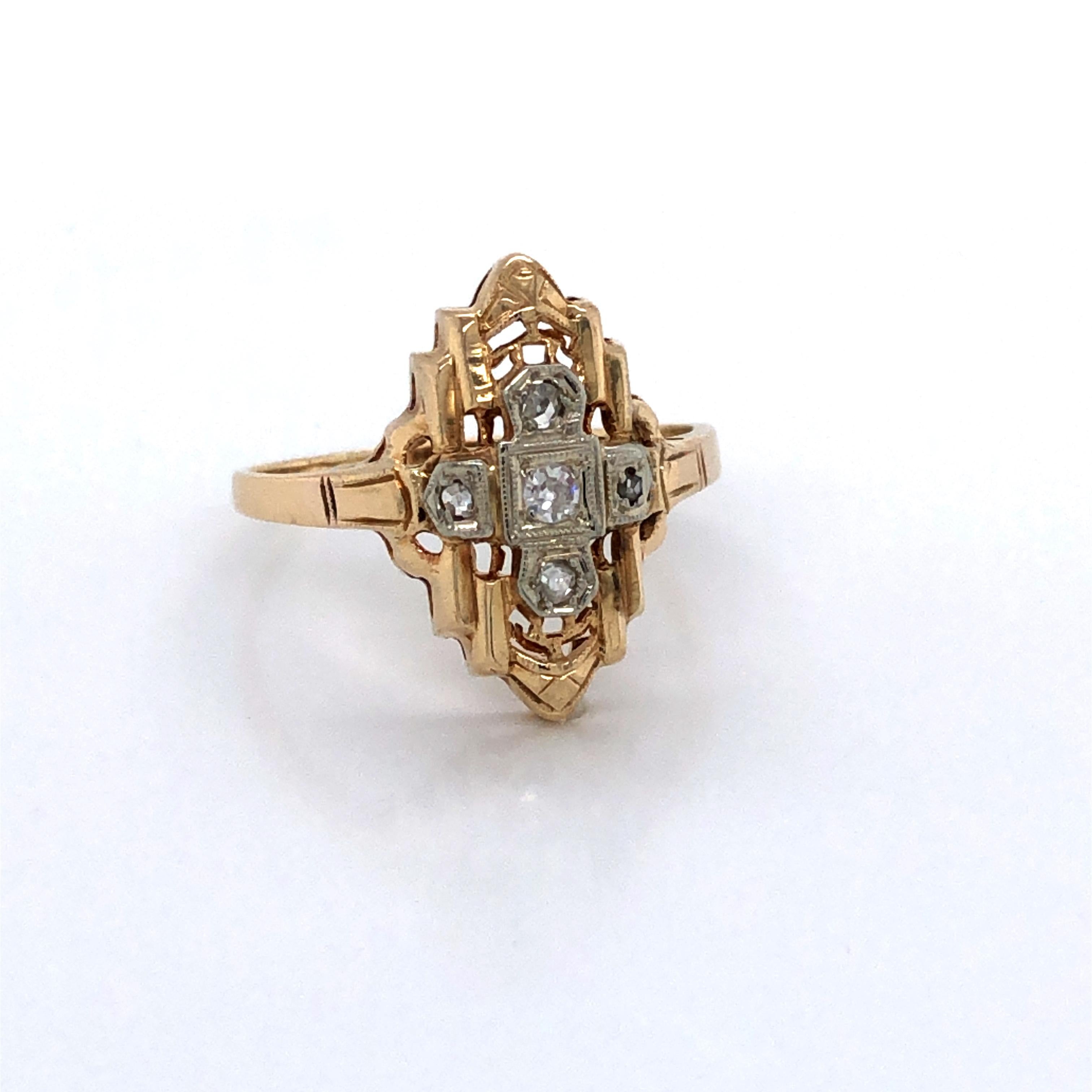 Art Deco Diamond Cross Yellow Gold Ring In Good Condition In Mount Kisco, NY