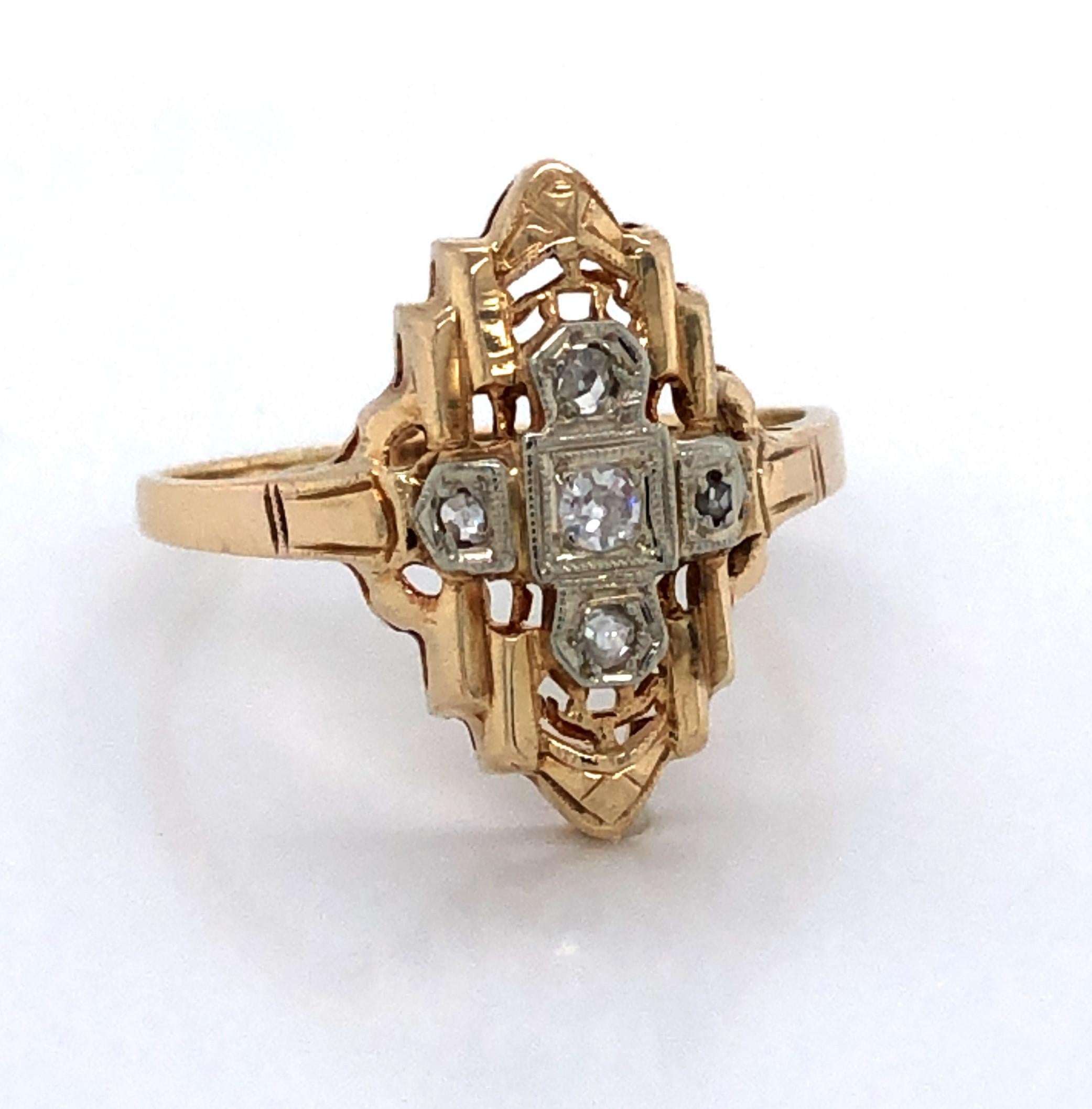 Art Deco Diamond Cross Yellow Gold Ring 3