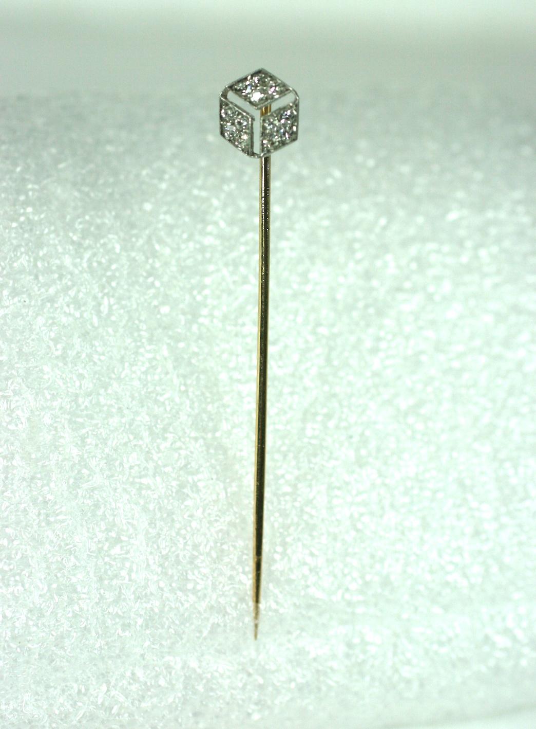 Art Deco 18k and Platinum Diamond Cube Stickpin from the 1920's. Graphic design with beautiful white pave diamonds panels forming a Deco 