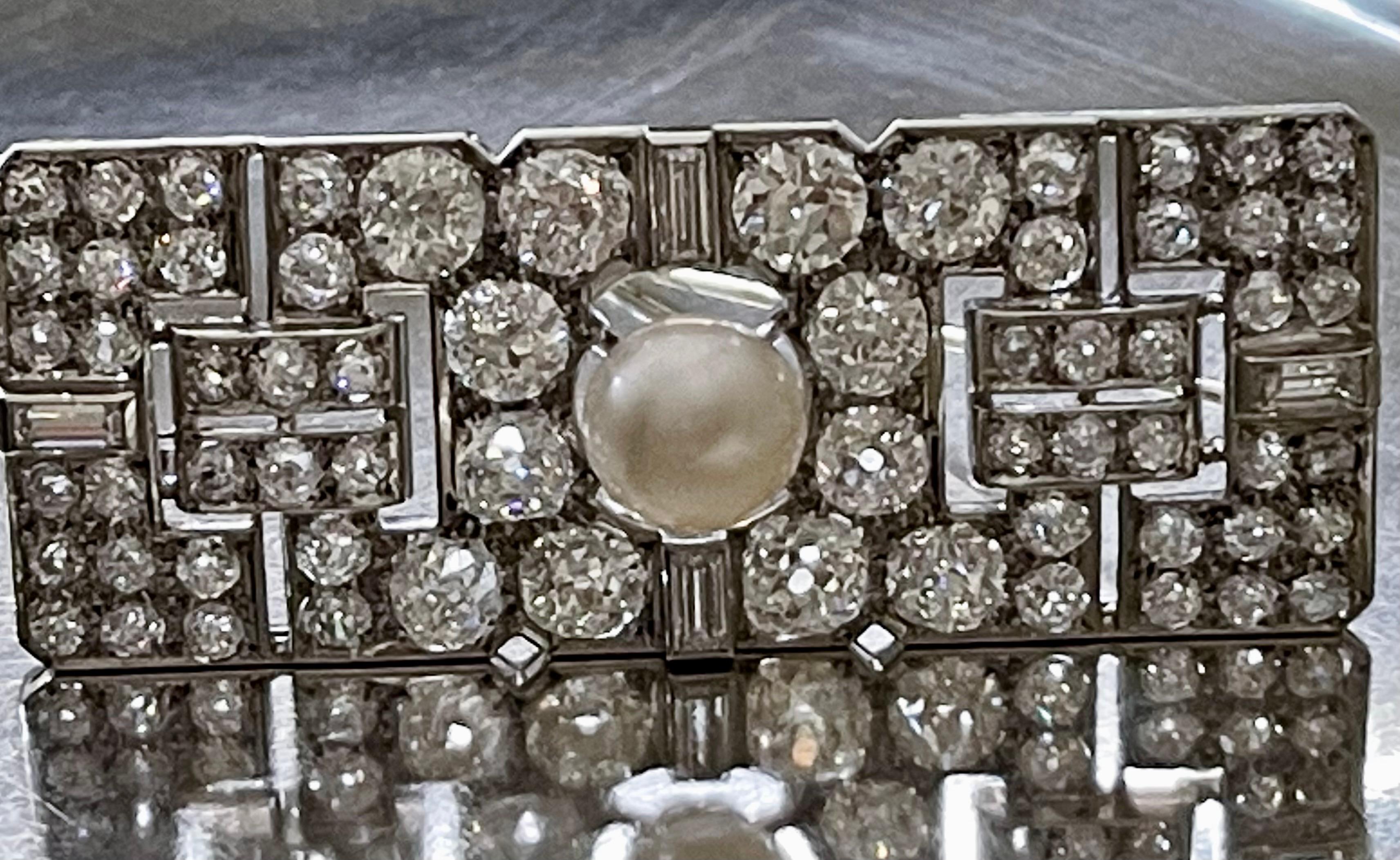 Art Deco Diamond Cultured Pearl Platinum Plaque Brooch For Sale 6