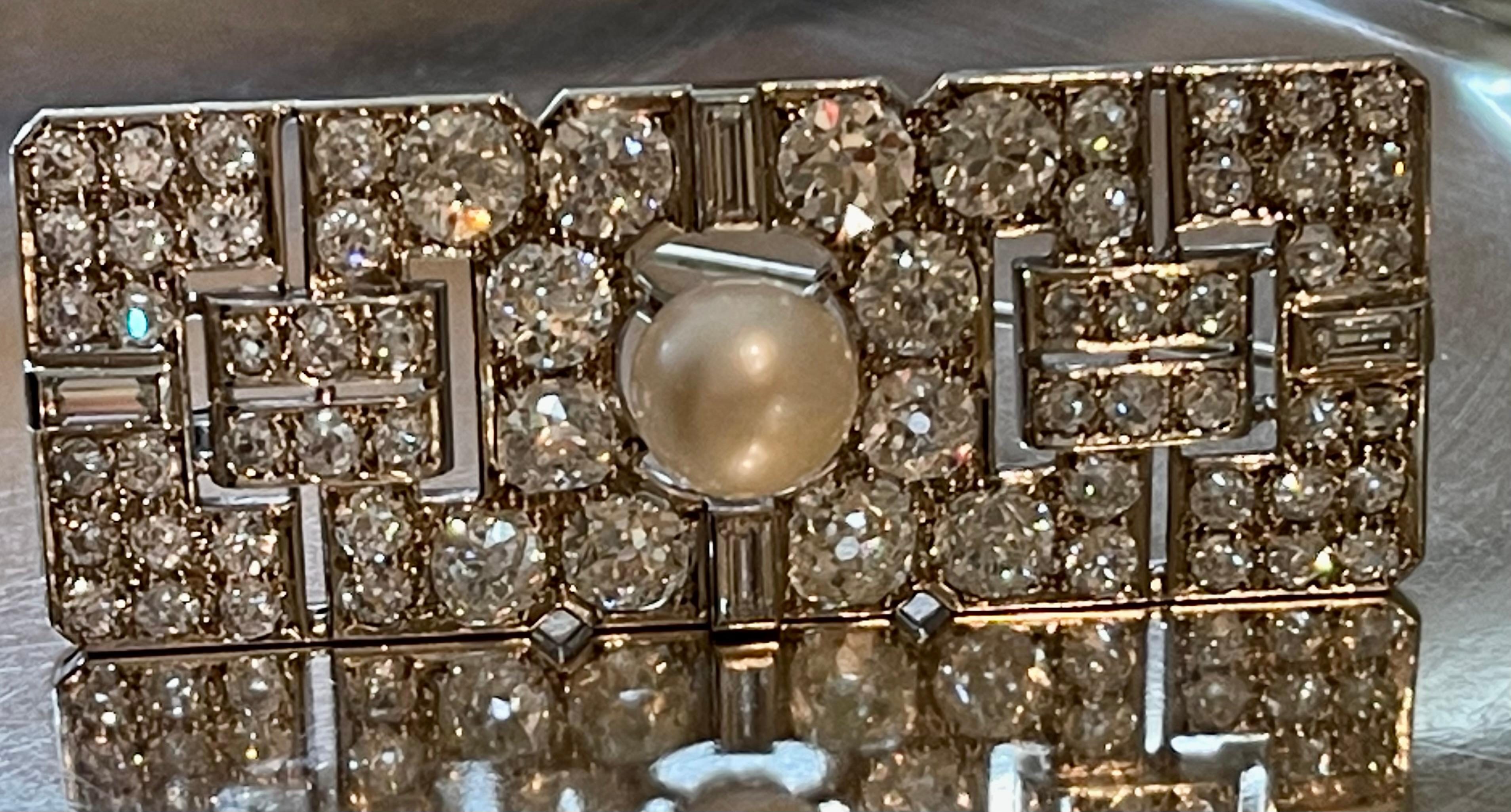 Art Deco Diamond Cultured Pearl Platinum Plaque Brooch For Sale 7