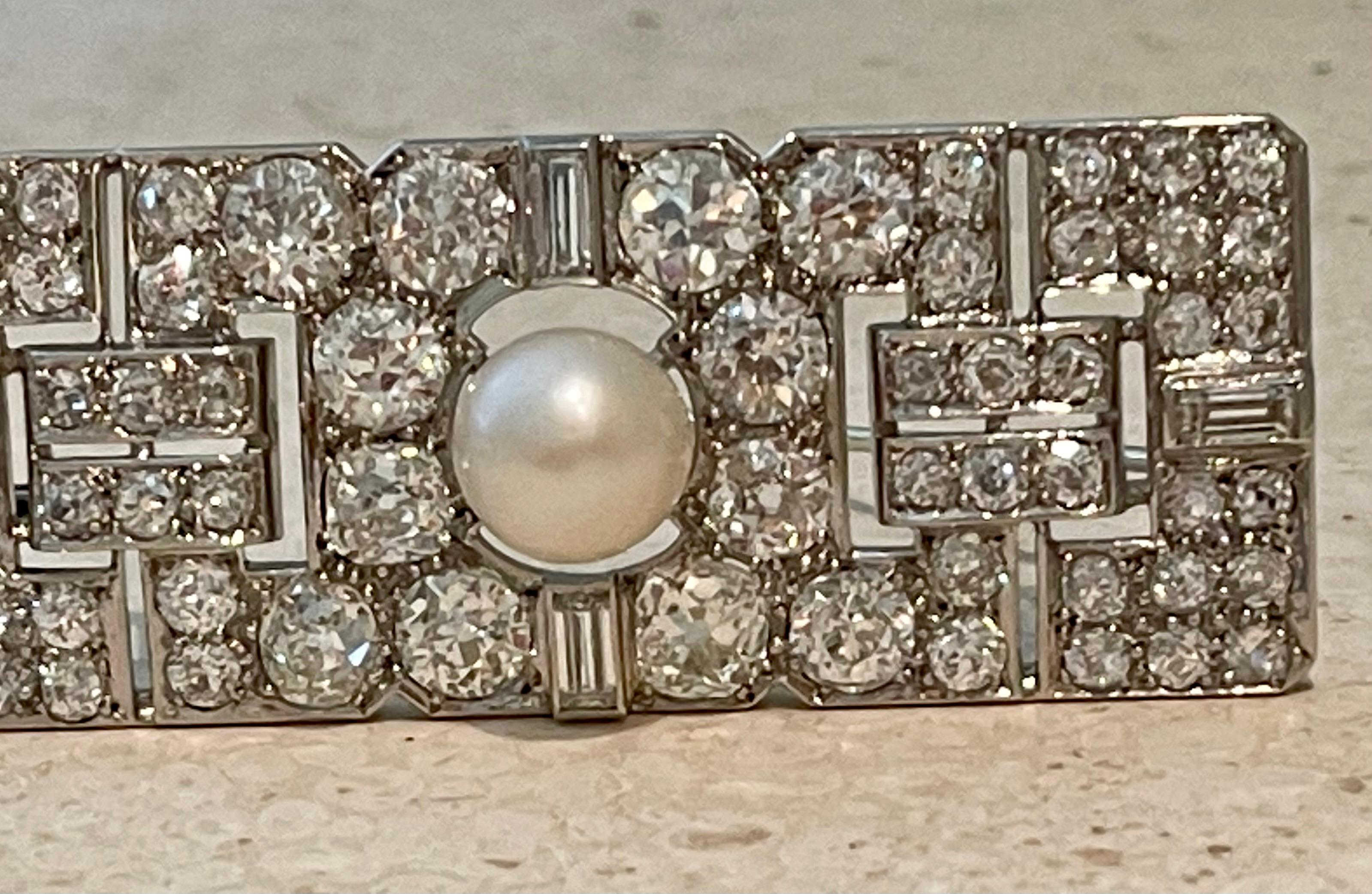 Art Deco Diamond Cultured Pearl Platinum Plaque Brooch For Sale 8