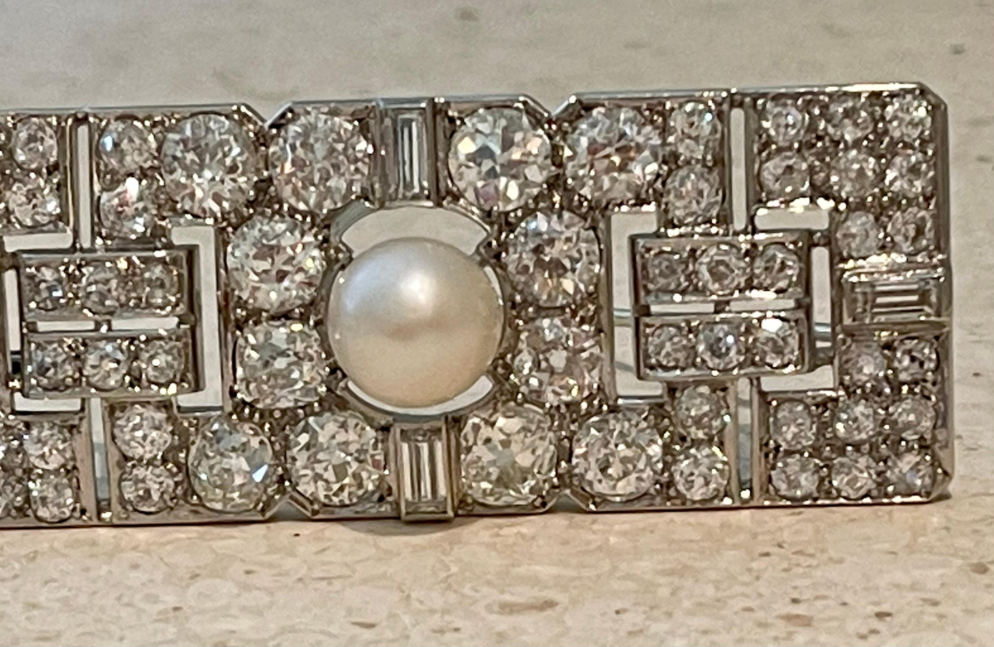 Art Deco Diamond Cultured Pearl Platinum Plaque Brooch For Sale 8
