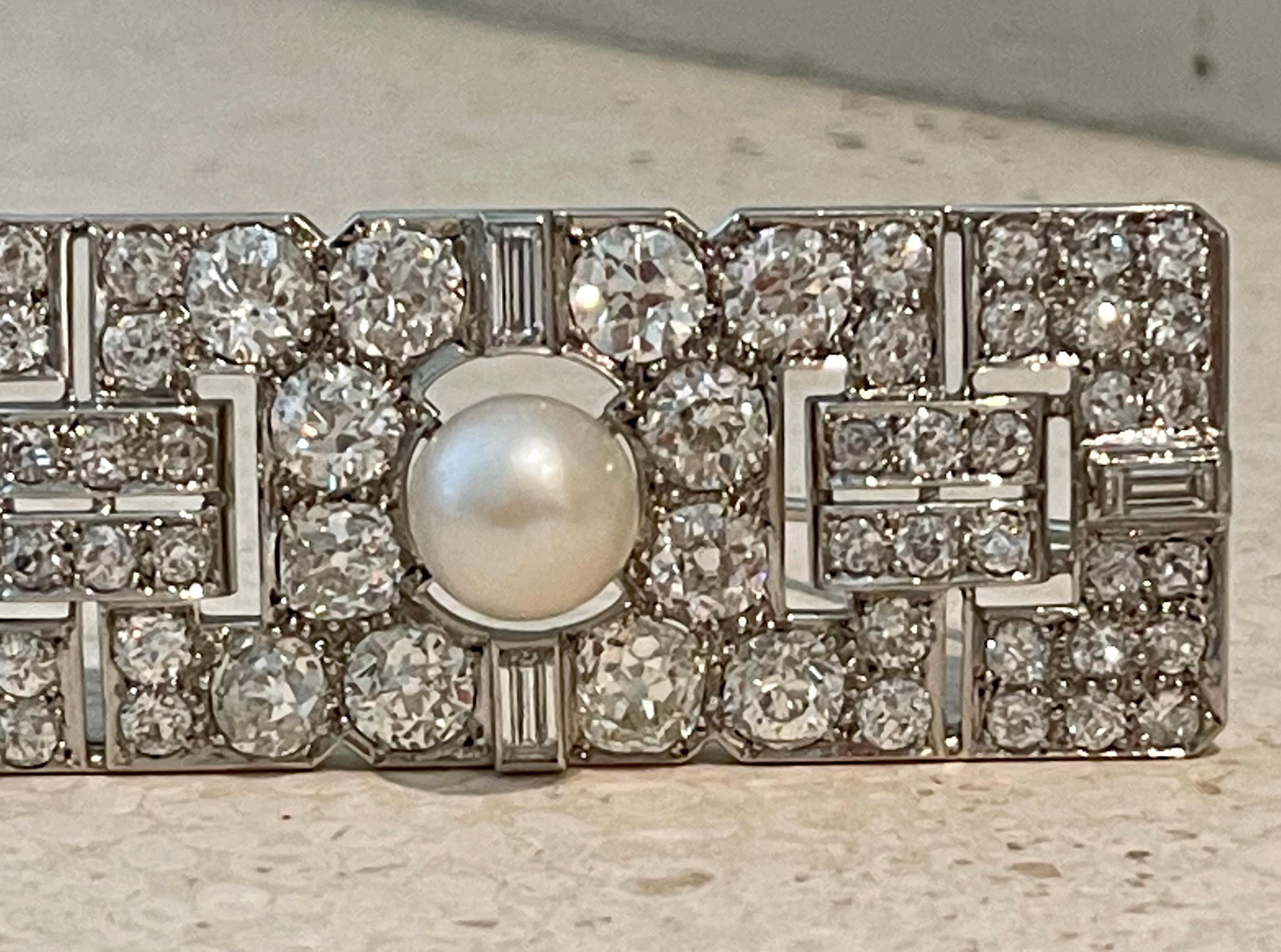 Art Deco Diamond Cultured Pearl Platinum Plaque Brooch For Sale 9