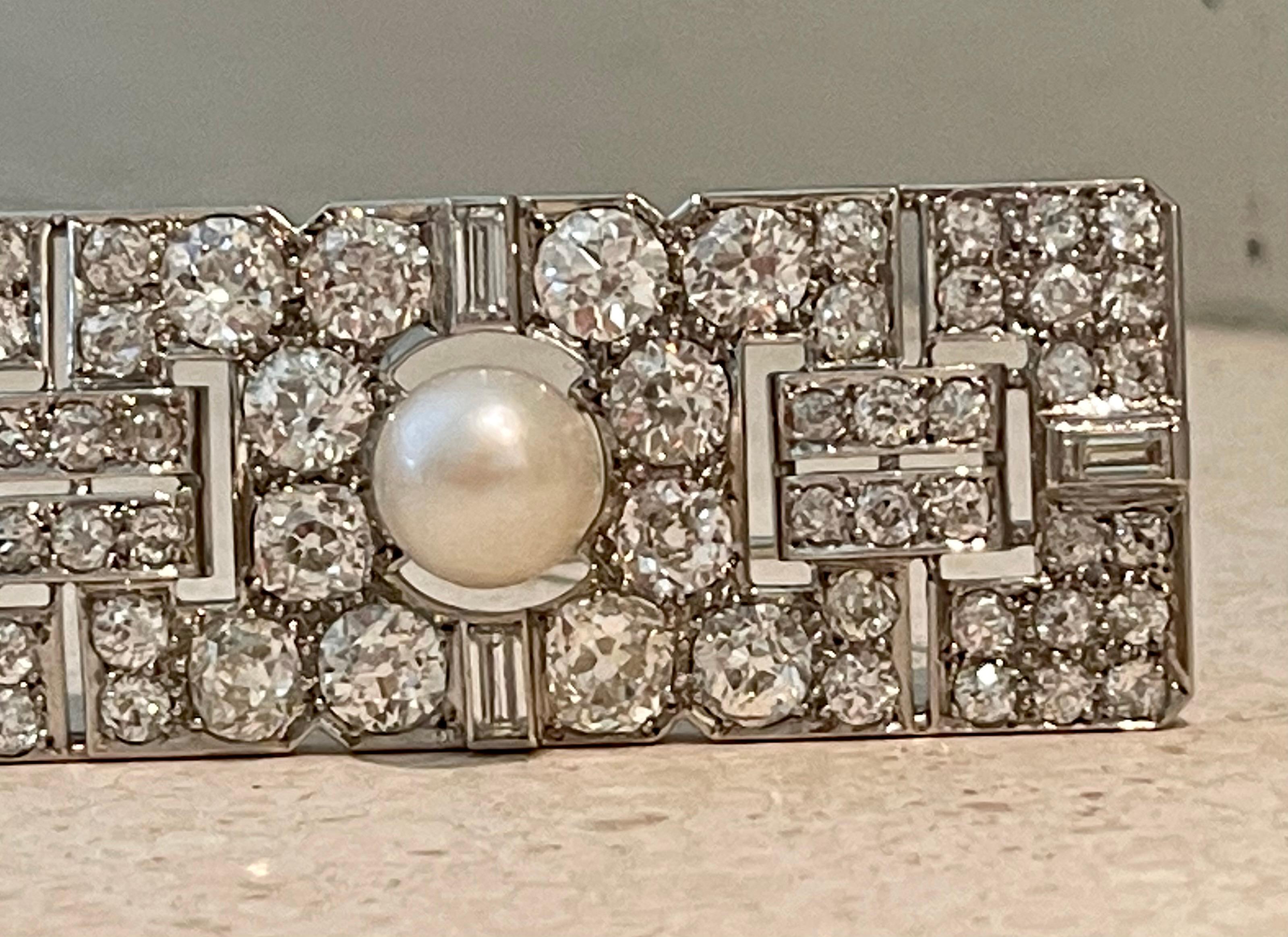 Art Deco Diamond Cultured Pearl Platinum Plaque Brooch For Sale 10