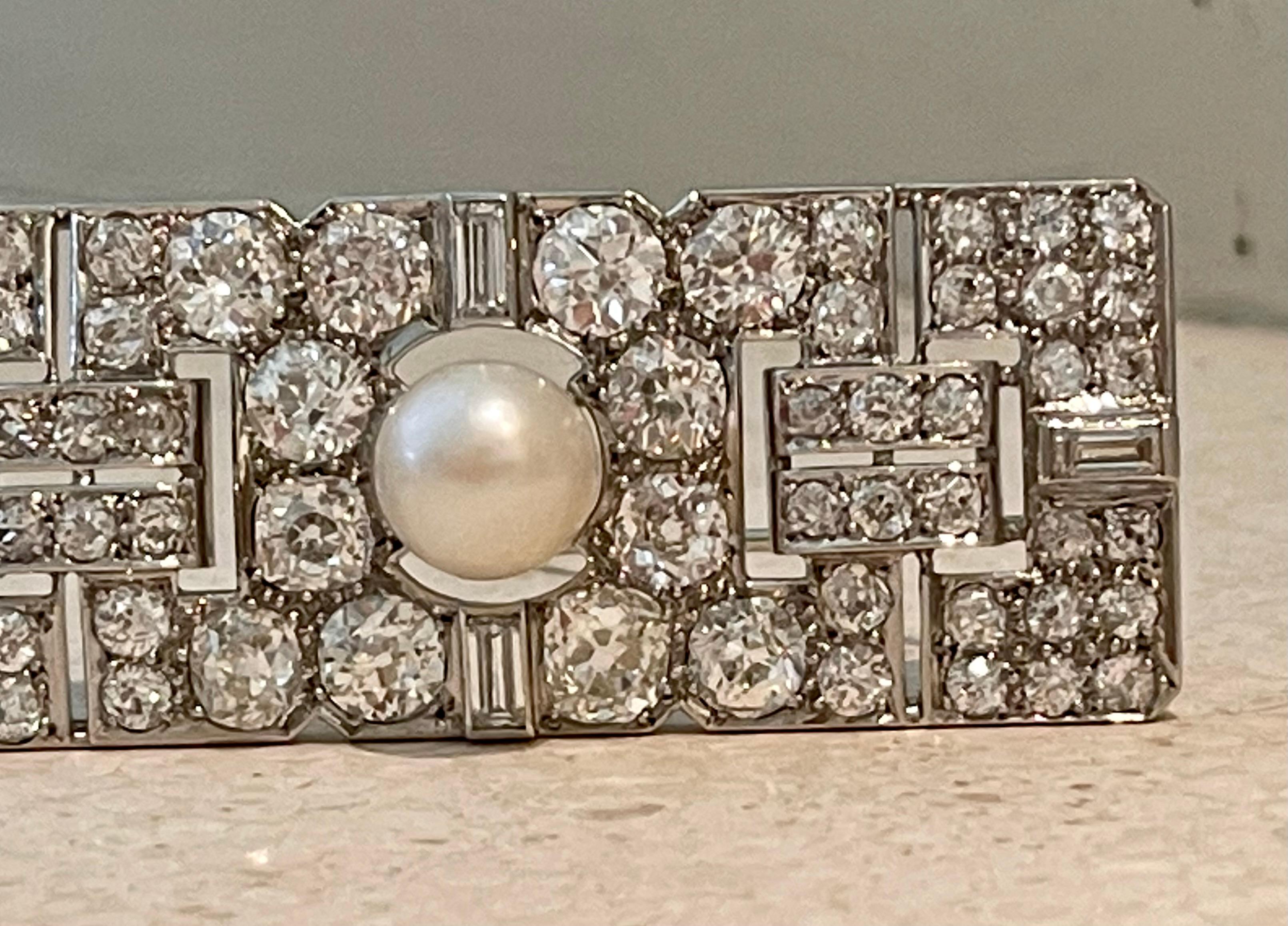 Art Deco Diamond Cultured Pearl Platinum Plaque Brooch For Sale 11