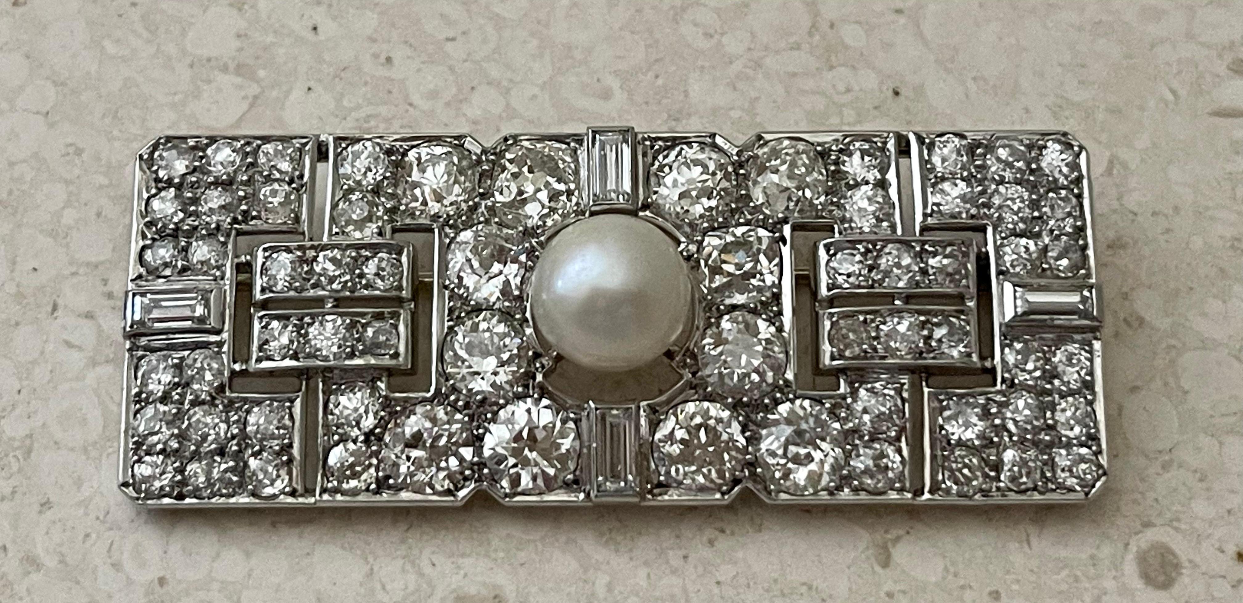Art Deco Diamond Cultured Pearl Platinum Plaque Brooch For Sale 12