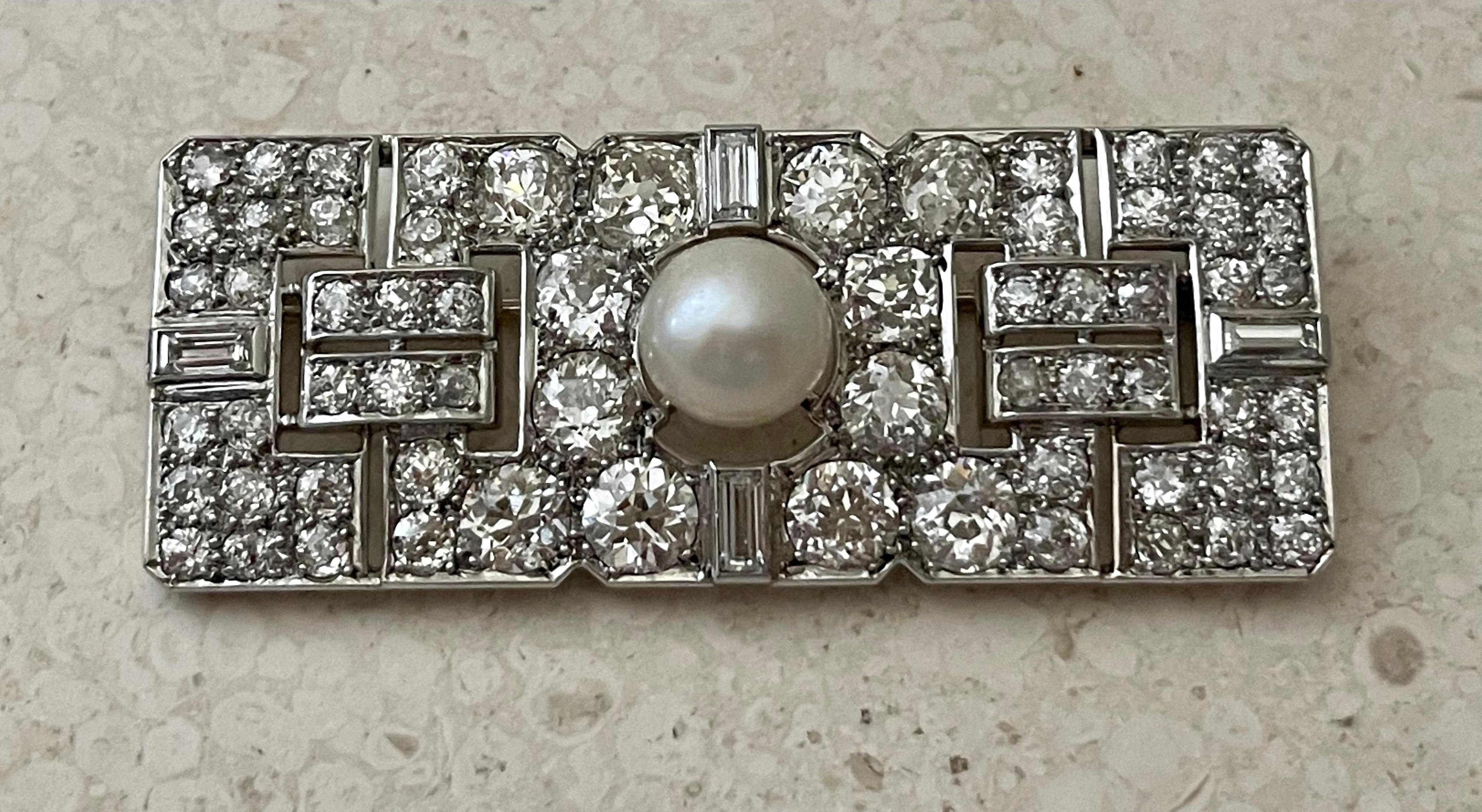 Art Deco Diamond Cultured Pearl Platinum Plaque Brooch For Sale 13