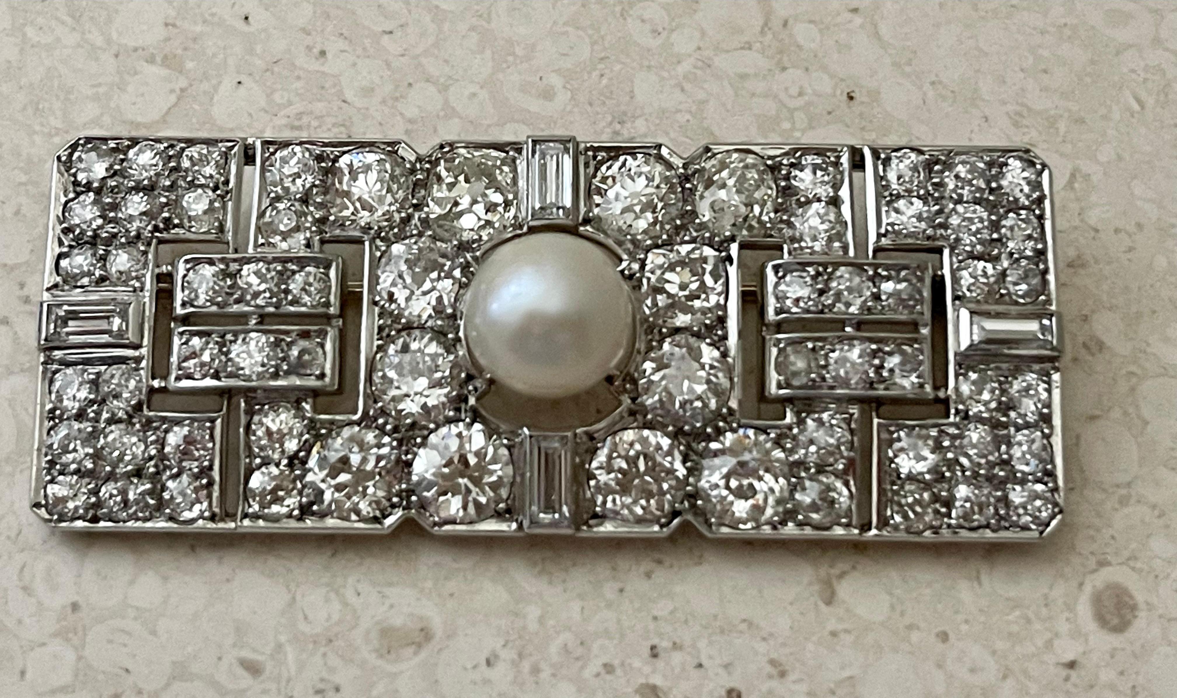 Art Deco Diamond Cultured Pearl Platinum Plaque Brooch For Sale 14