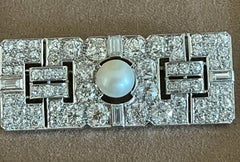 Art Deco Diamond Cultured Pearl Platinum Plaque Brooch