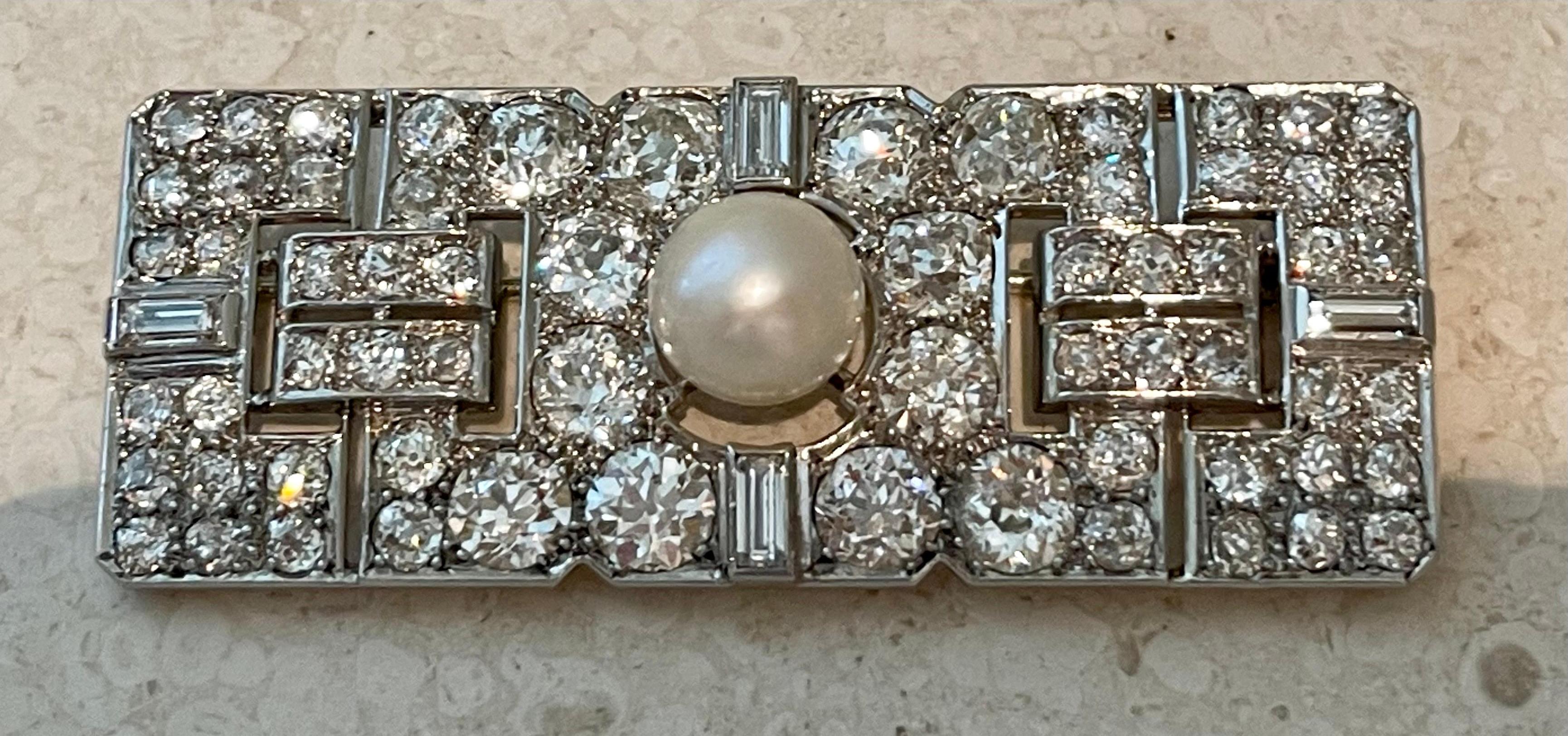 Art Deco Diamond Cultured Pearl Platinum Plaque Brooch For Sale 15