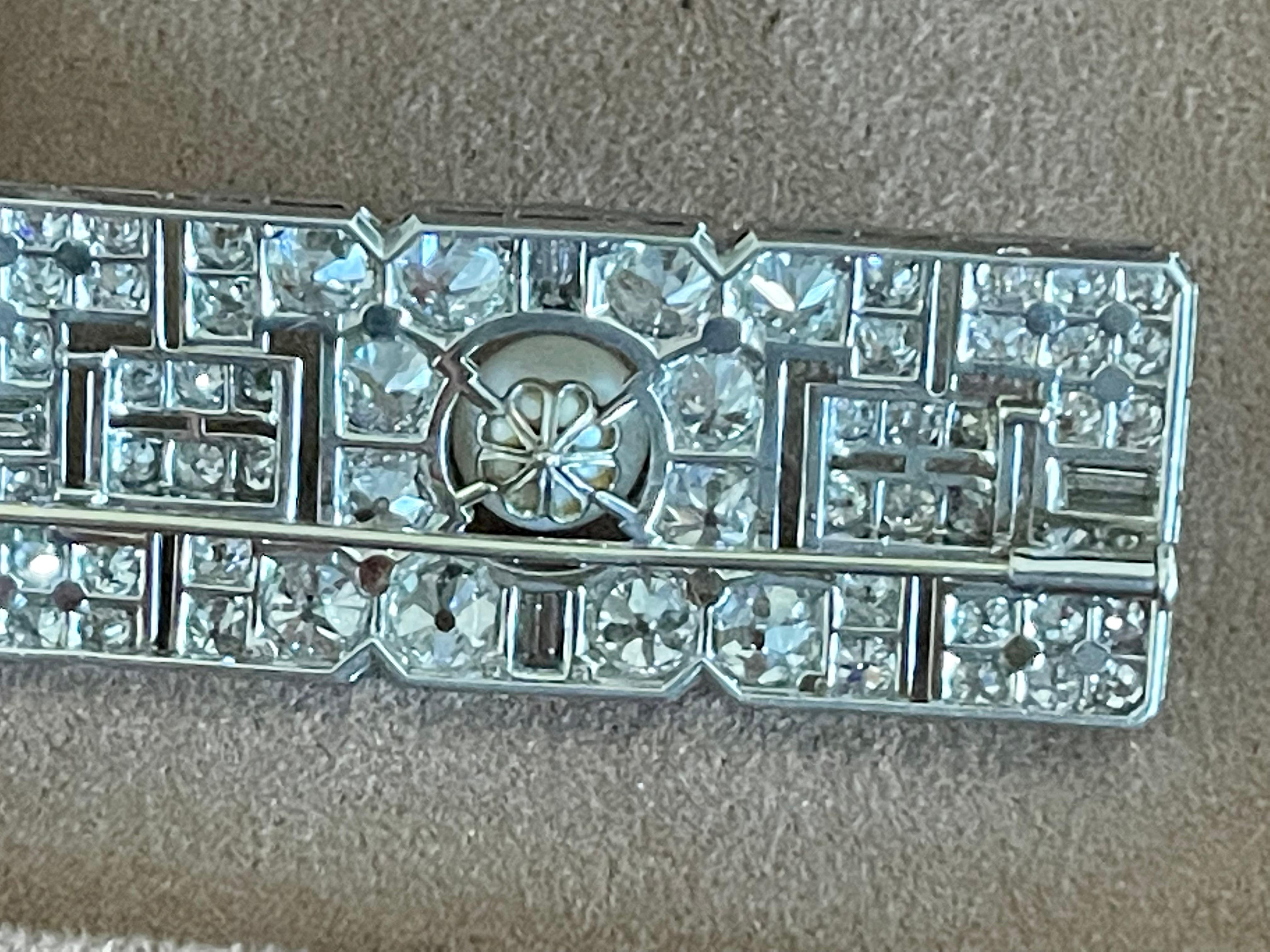 Women's Art Deco Diamond Cultured Pearl Platinum Plaque Brooch For Sale